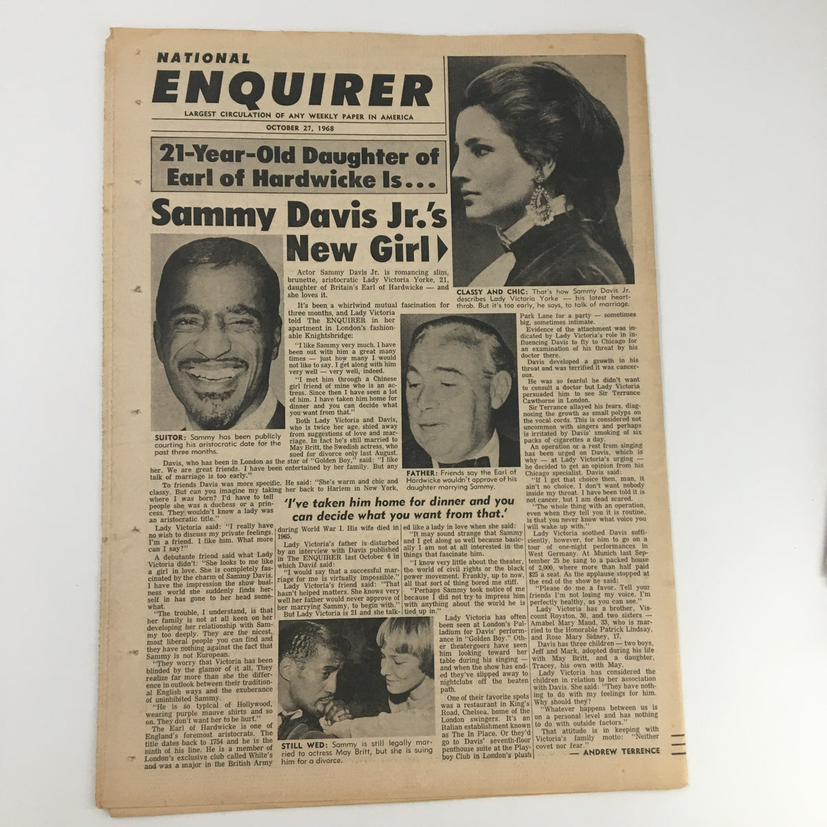 Article page from the National Enquirer dated October 27, 1968 discussing Sammy Davis Jr.'s new romantic interest, with featured images and headlines related to celebrity news.