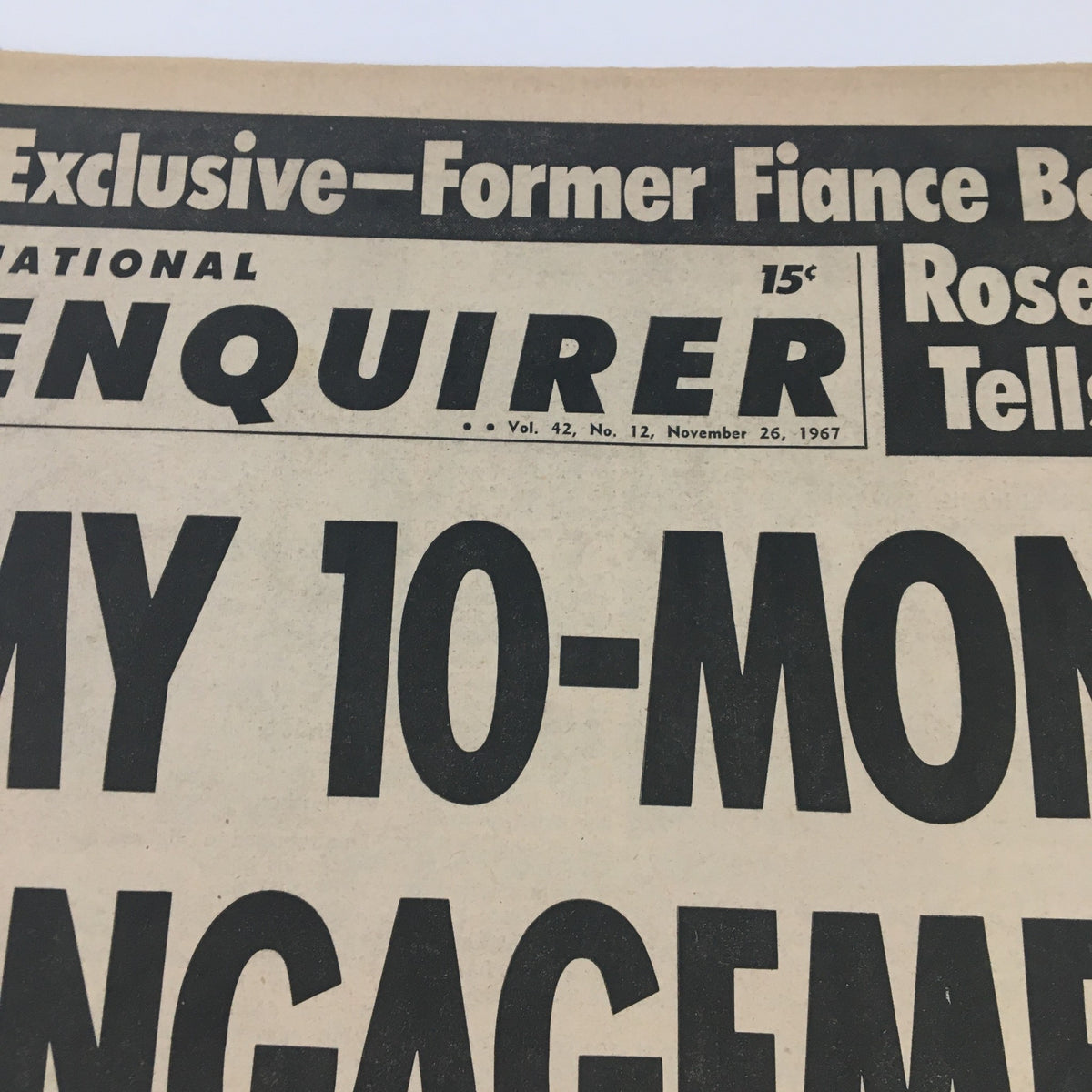 Close-up of the National Enquirer Newspaper November 26 1967 header showcasing the main story about Lieutenant Rosenbach and Lynda Bird.