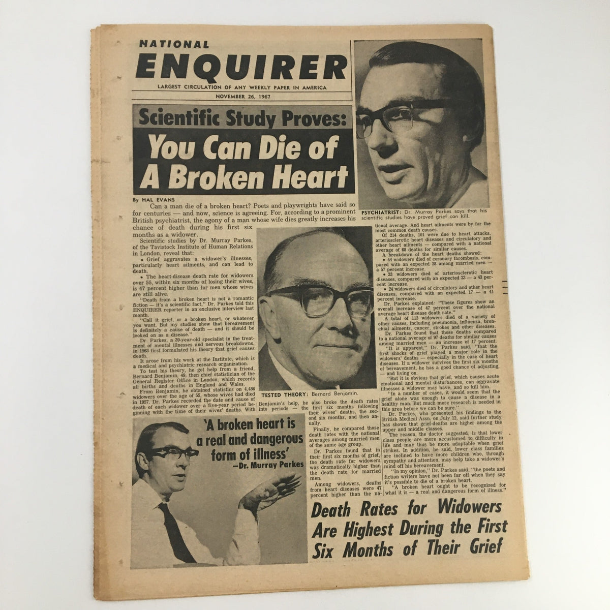 National Enquirer Newspaper November 26 1967 displaying an article on the effects of heartbreak, titled 'You Can Die of A Broken Heart'.