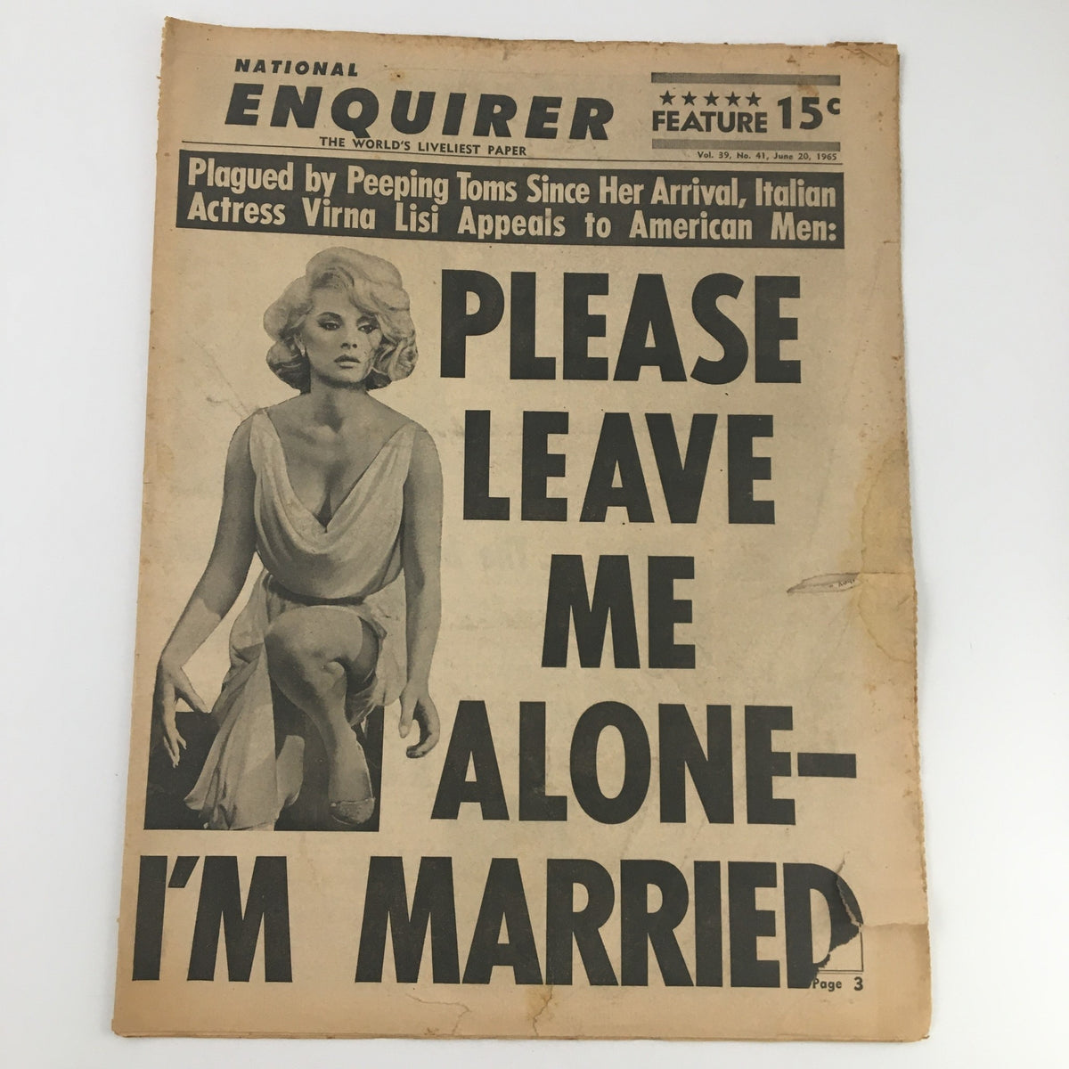 National Enquirer Newspaper June 20 1965 cover featuring actress Virna Lisi's appeal to men with bold headline 'PLEASE LEAVE ME ALONE- I'M MARRIED'