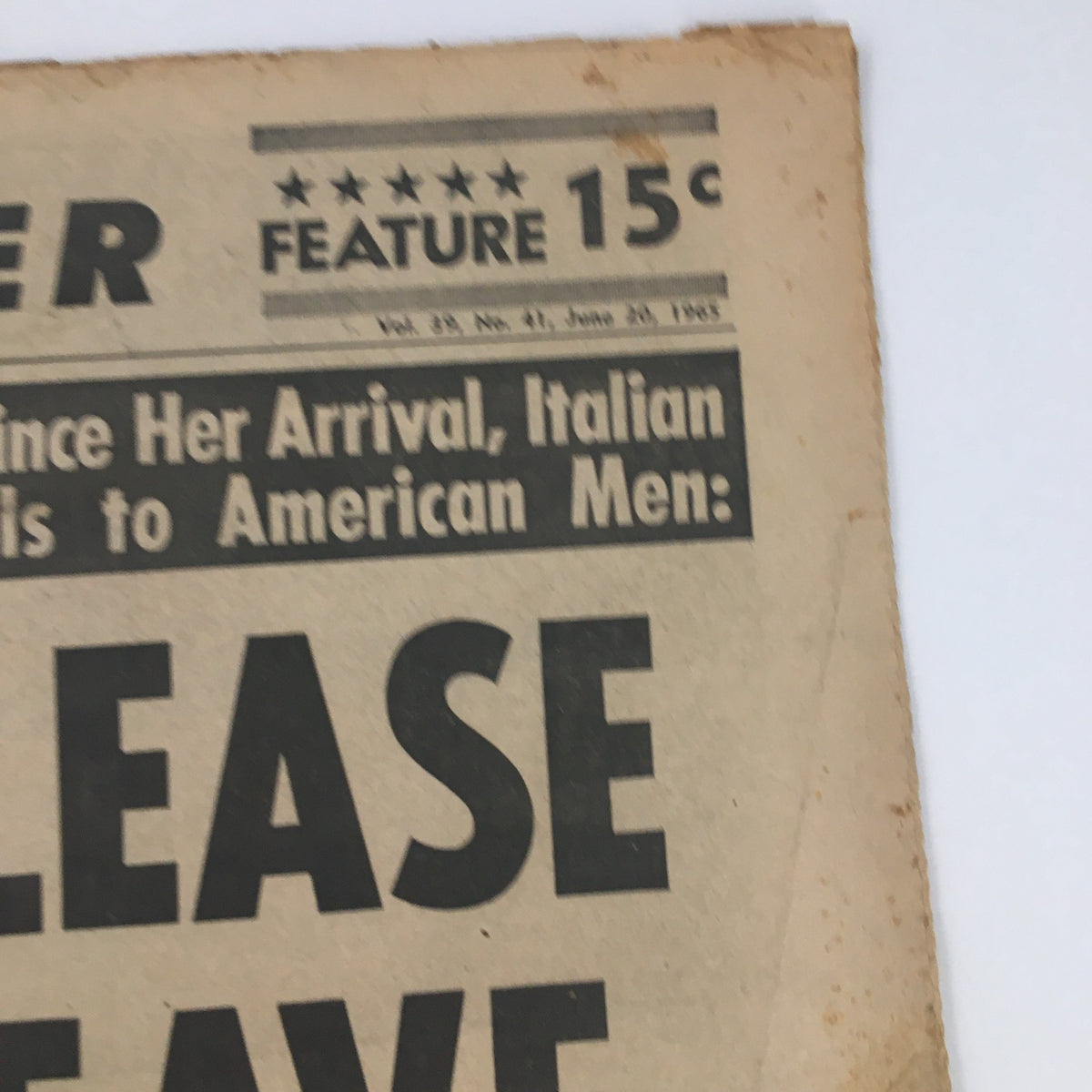 Top corner of the National Enquirer Newspaper June 20 1965 displaying the publication date and the headline related to actress Virna Lisi's message to men.