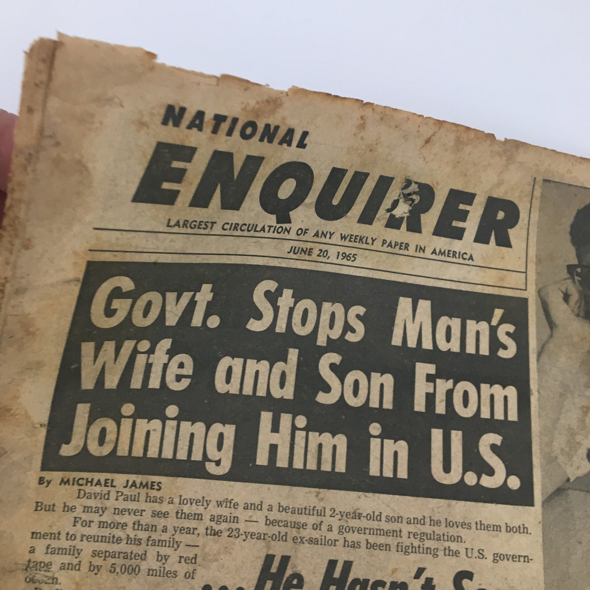 Close-up of National Enquirer June 20 1965 headline detailing government intervention in a family's reunion.