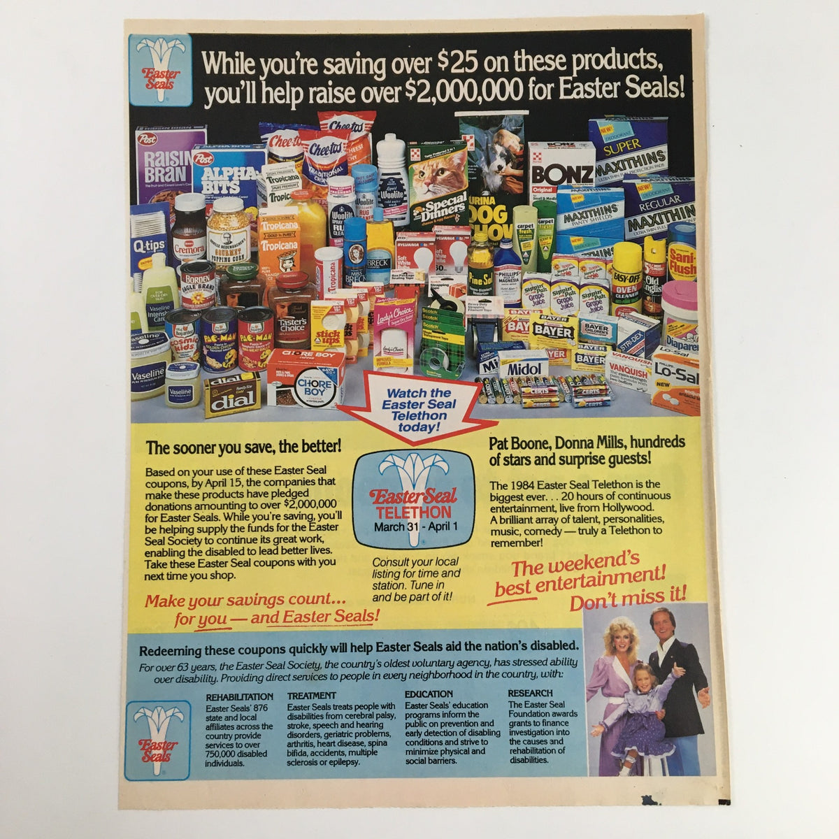1984 Purina Dog Chow Easter Seal Edition Circular Coupon Advertisement showcasing various brands and products with a call to action to support Easter Seals, emphasizing savings and charitable efforts.