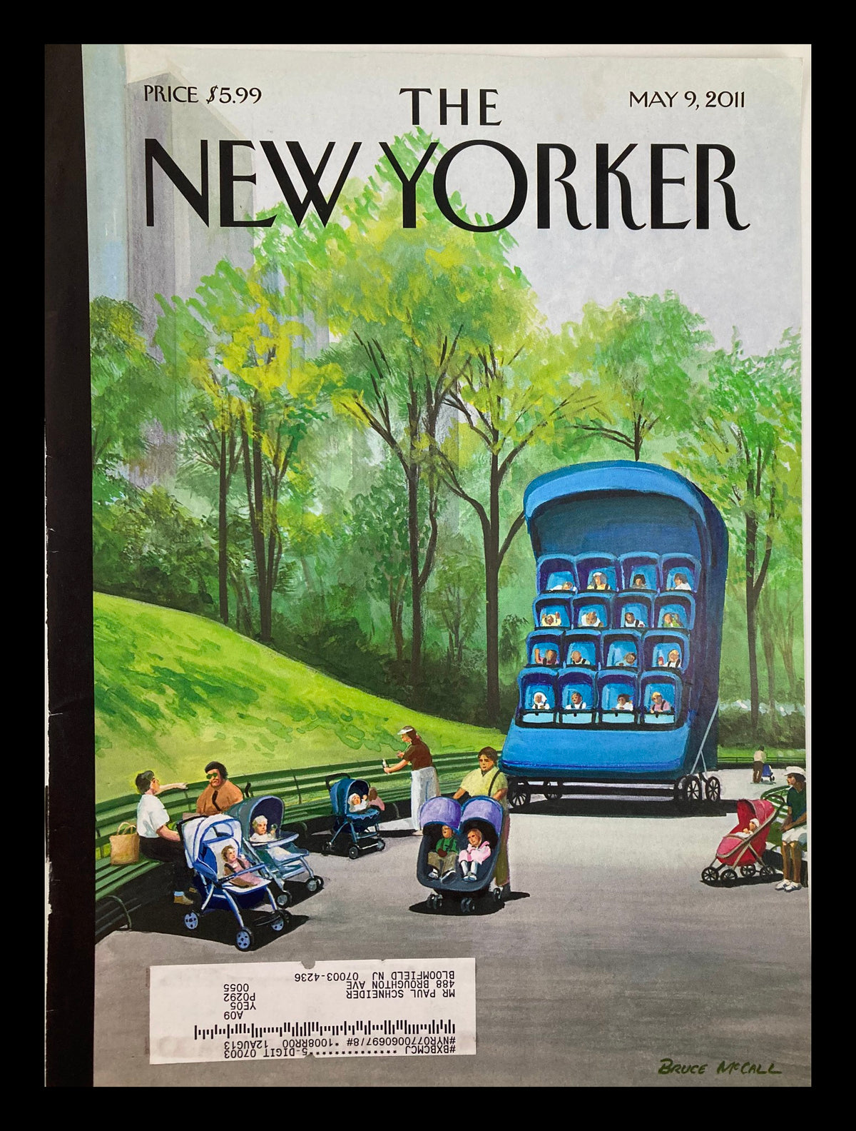 Cover of The New Yorker dated May 9, 2011, featuring whimsical illustration titled 'Super Mother's Day' by Bruce McCall, depicting a park scene with strollers and families.