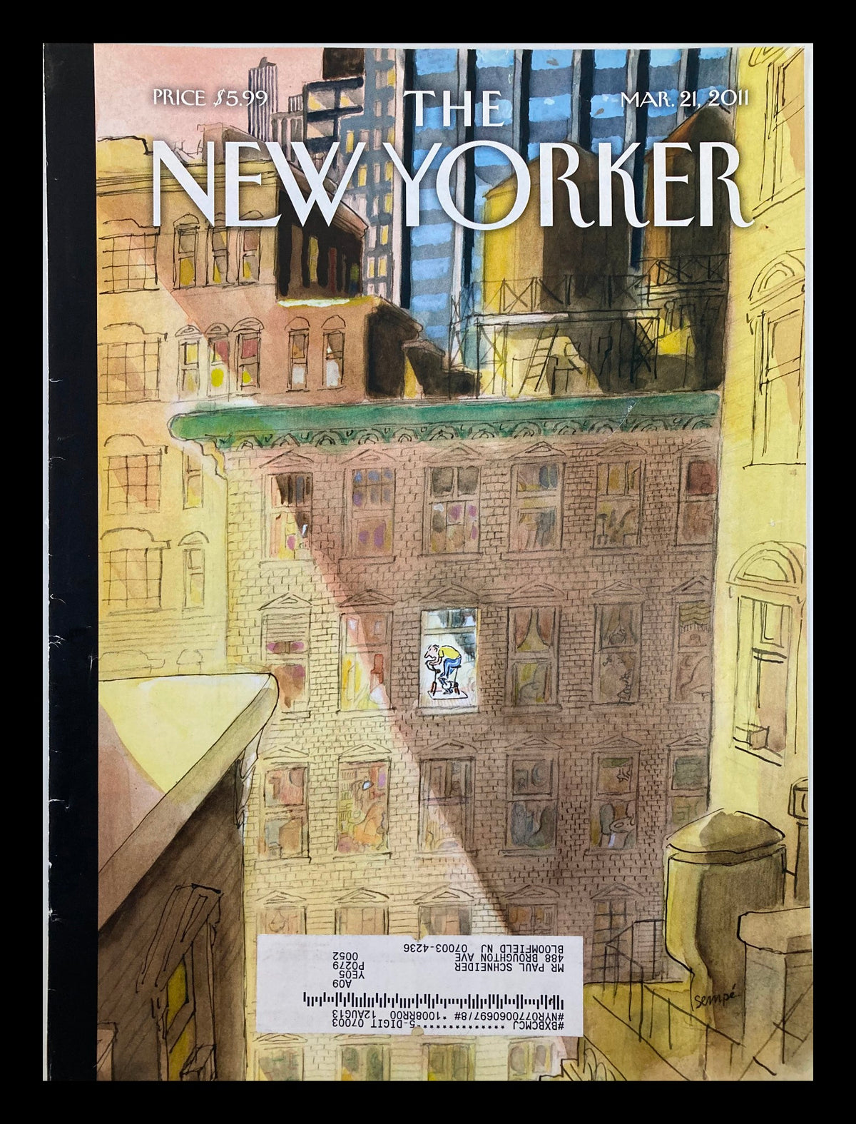 Cover of The New Yorker March 21 2011 titled 'On His Way' by Jean-Jacques Sempe, featuring a colorful urban scene with a window display.