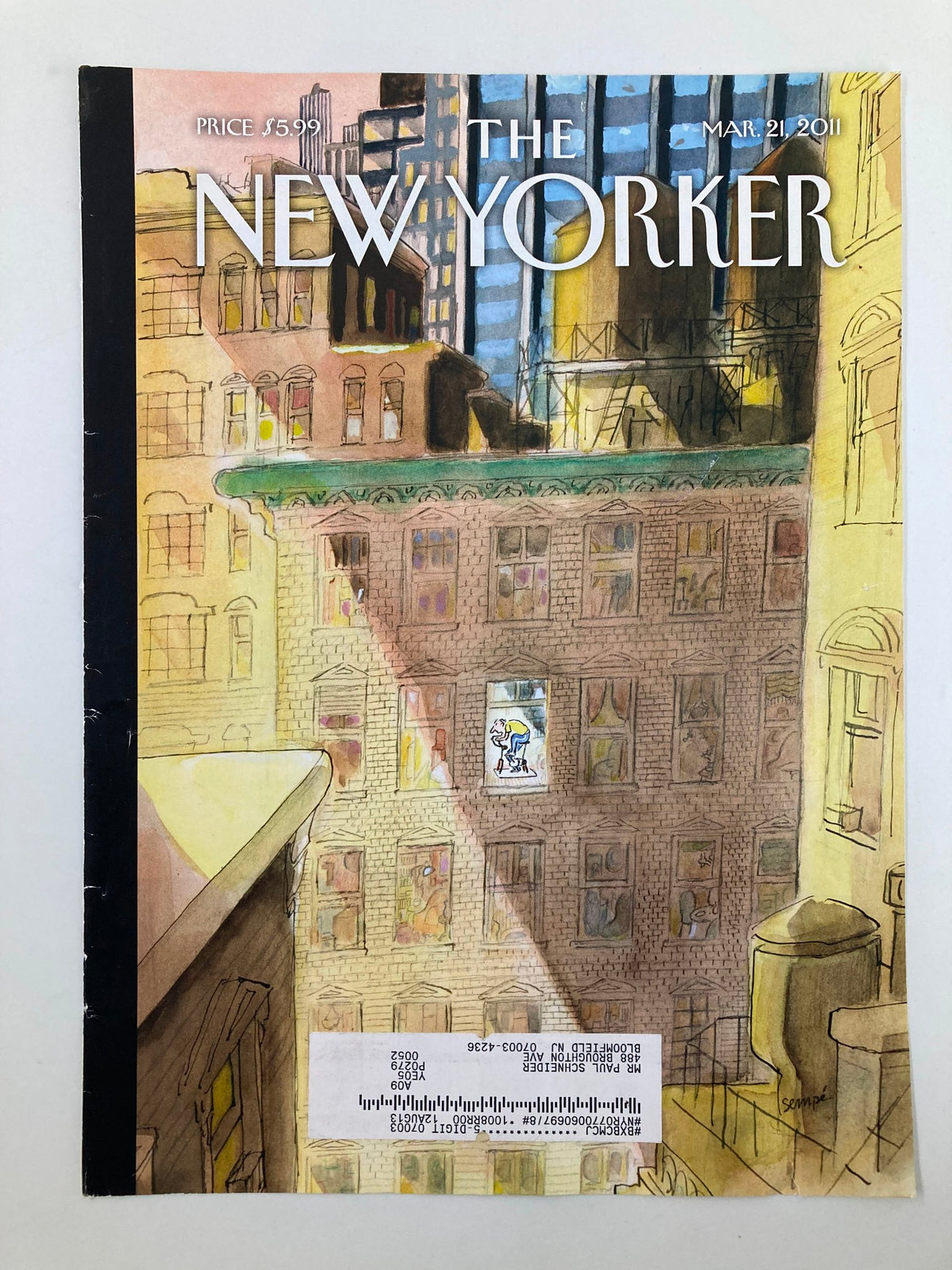 Front cover of The New Yorker March 21 2011 'On His Way' by Jean-Jacques Sempe, depicting a stylized illustration of building facades and a window.