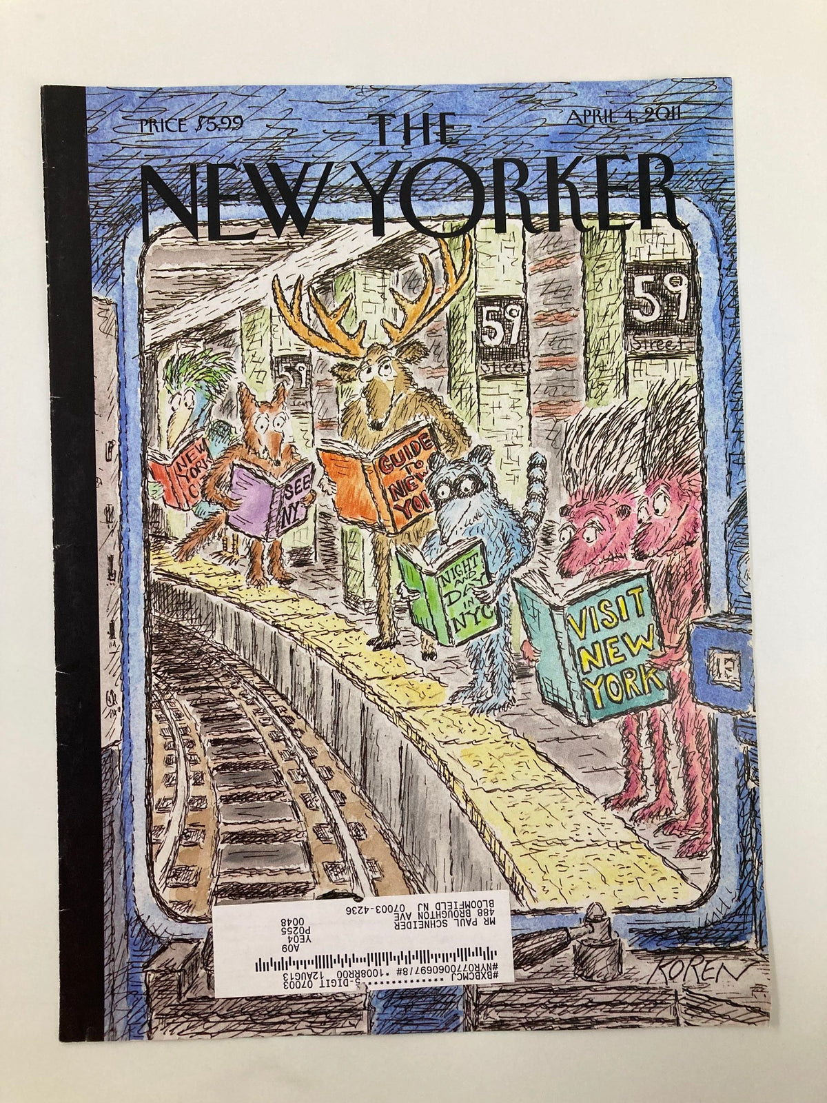 The New Yorker cover from April 4, 2011, illustrated by Edward Koren, depicting whimsical creatures waiting at a subway platform.