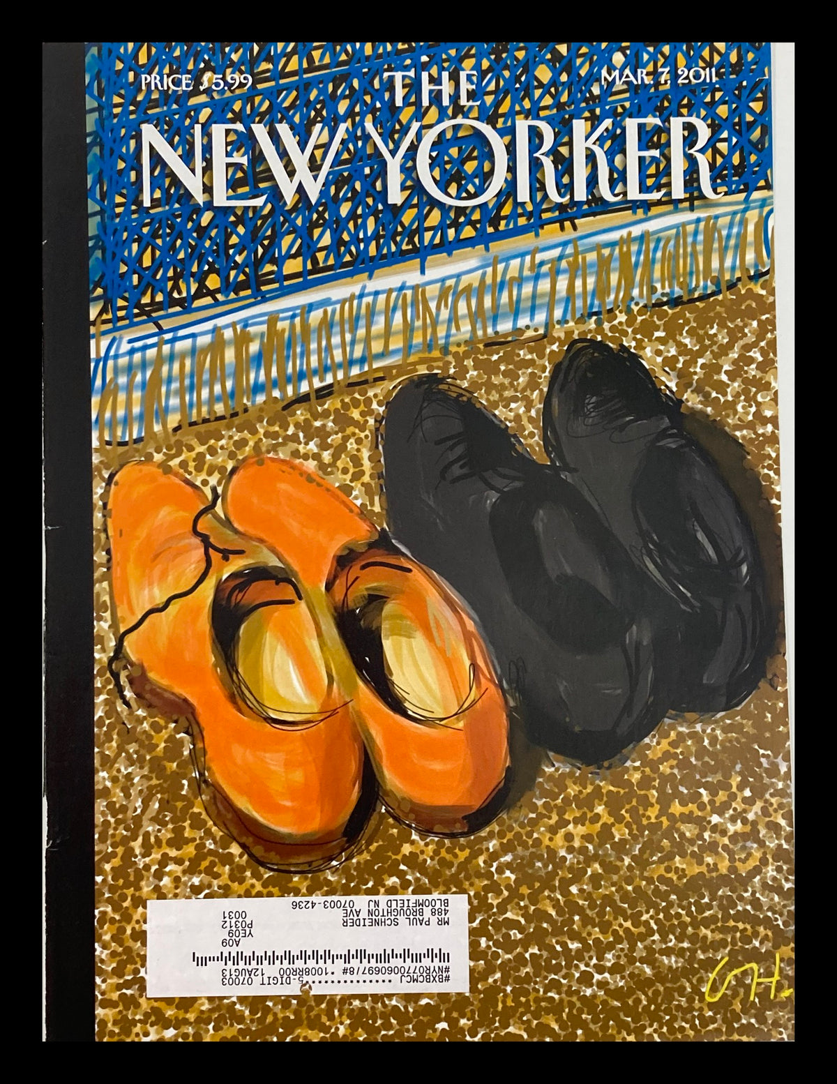 COVER ONLY The New Yorker March 7 2011 Theme Cover Shoes by David Hockney featuring colorful shoes on a textured background.