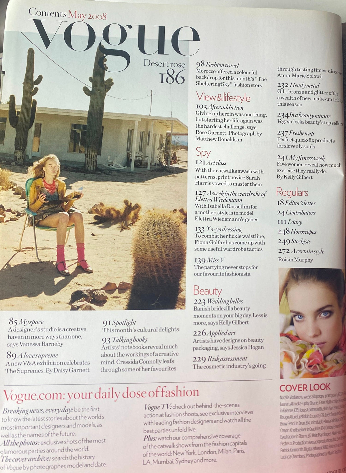 Contents page from Vogue British Magazine May 2008 featuring fashion and lifestyle highlights including the article 'Desert Rose' with a focus on romantic fashion.