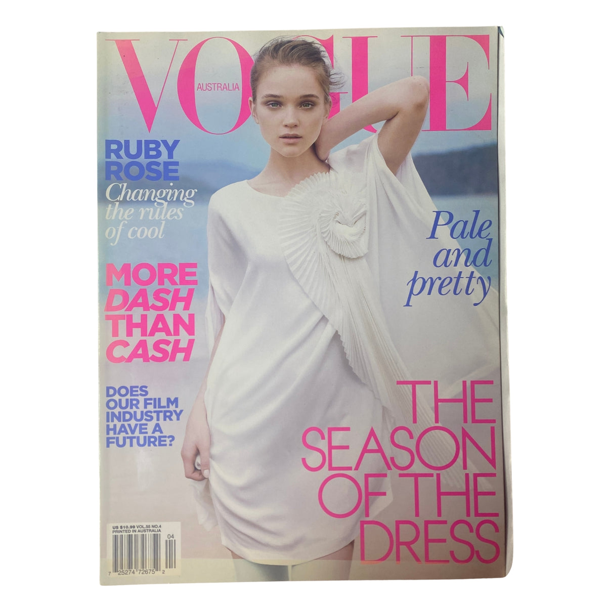 Vogue Australia Magazine April 2010 Rosie Tupper Cover showcasing the cover design featuring the model in a white dress with the text 'The Season of the Dress'.