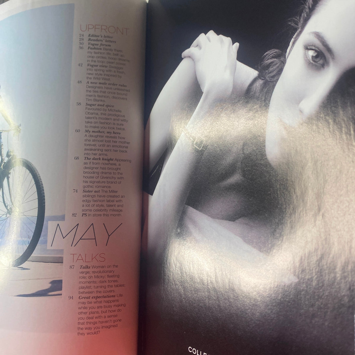 Inside page of Vogue Australia Magazine May 2009 displaying the upfront section with an image of a model and editorial insights.