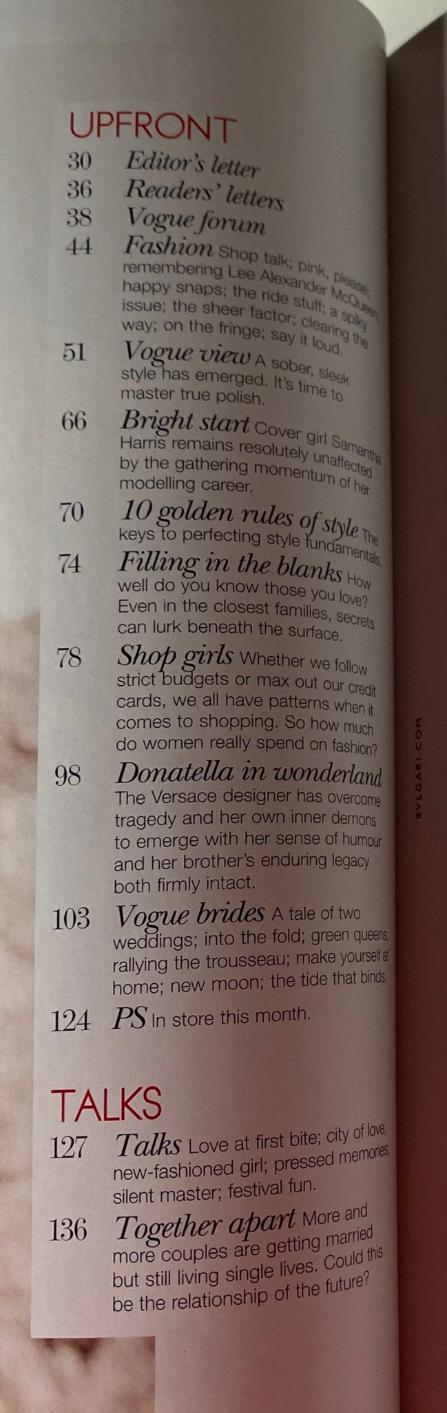 Table of contents page from Vogue Australia Magazine June 2010 discussing features like 'Filling in the Blanks' and various fashion and beauty topics.