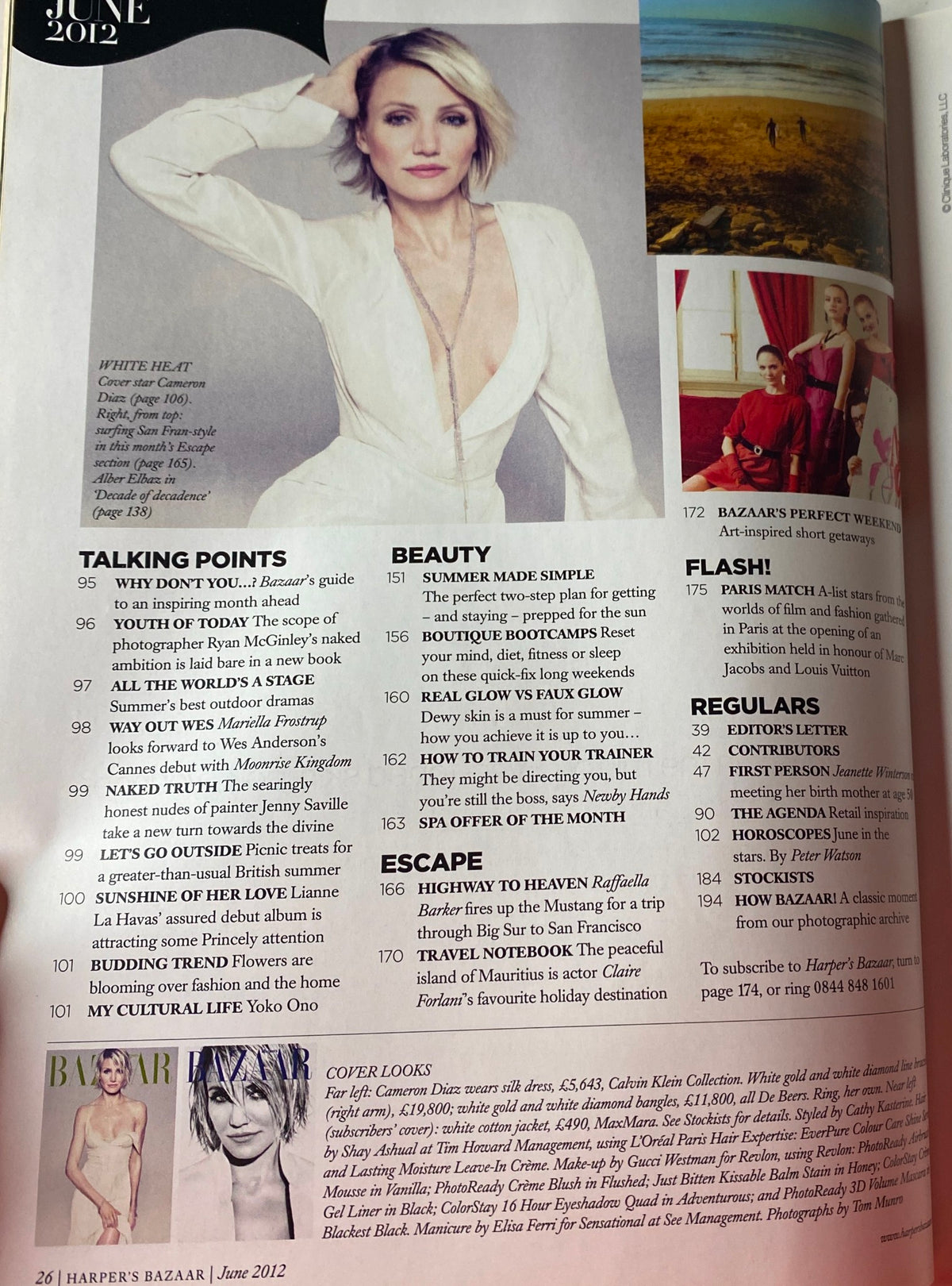 Interior page of Harper's Bazaar Magazine June 2012 featuring Cameron Diaz, listing contents that includes fashion, beauty insights, and cultural commentary.