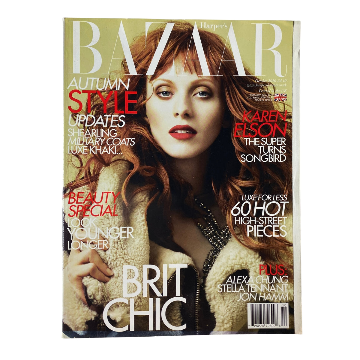 Harper's Bazaar Magazine October 2010 featuring Karen Elson on the cover. The cover highlights 'Autumn Style Updates' and 'Beauty Special: Look Younger Longer' alongside chic fashion themes.