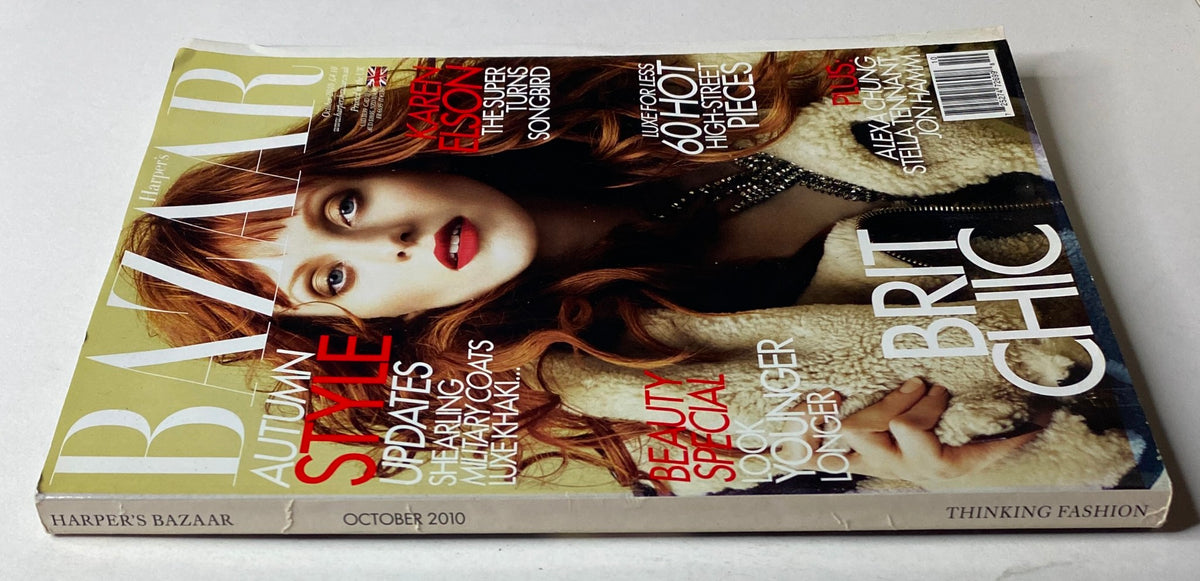 Side view of Harper's Bazaar Magazine October 2010 with Karen Elson on the cover. Notable features include trending autumn styles and fashion insights, presented in a striking layout.