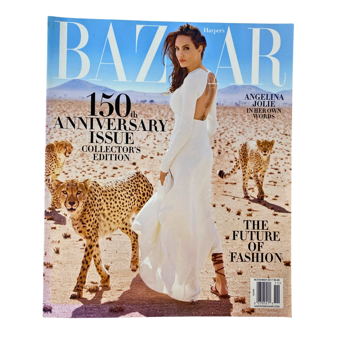 Harper's Bazaar Magazine November 2017 featuring Angelina Jolie on the cover, showcasing 150th Anniversary Issue with cheetahs in the background, highlighting the Future of Fashion.