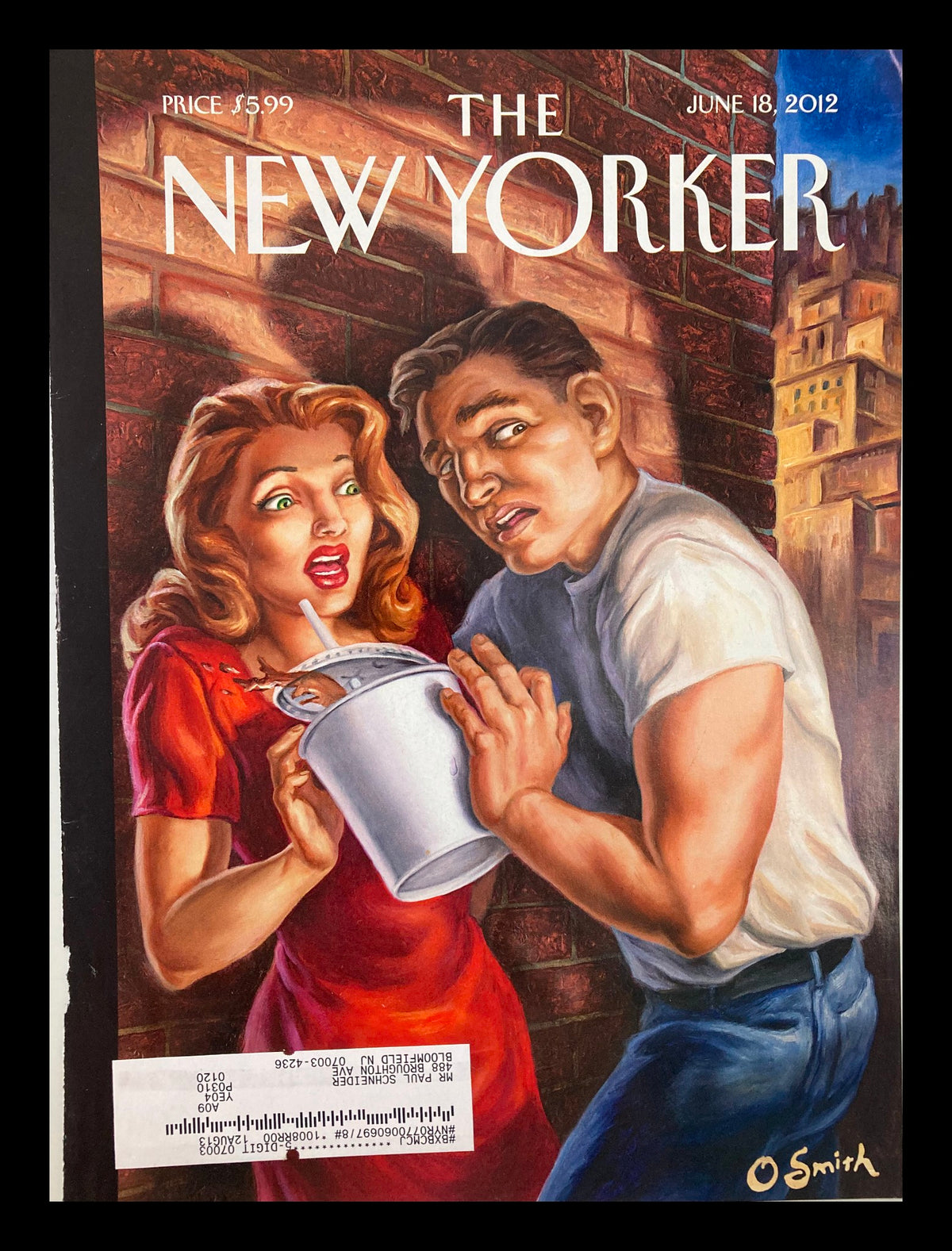 COVER ONLY The New Yorker June 18 2012 Theme Cover Soda Noir by Owen Smith featuring a dramatic illustration of a couple, with the woman in a red dress and the man in a white shirt holding a bucket, set against a brick wall background.
