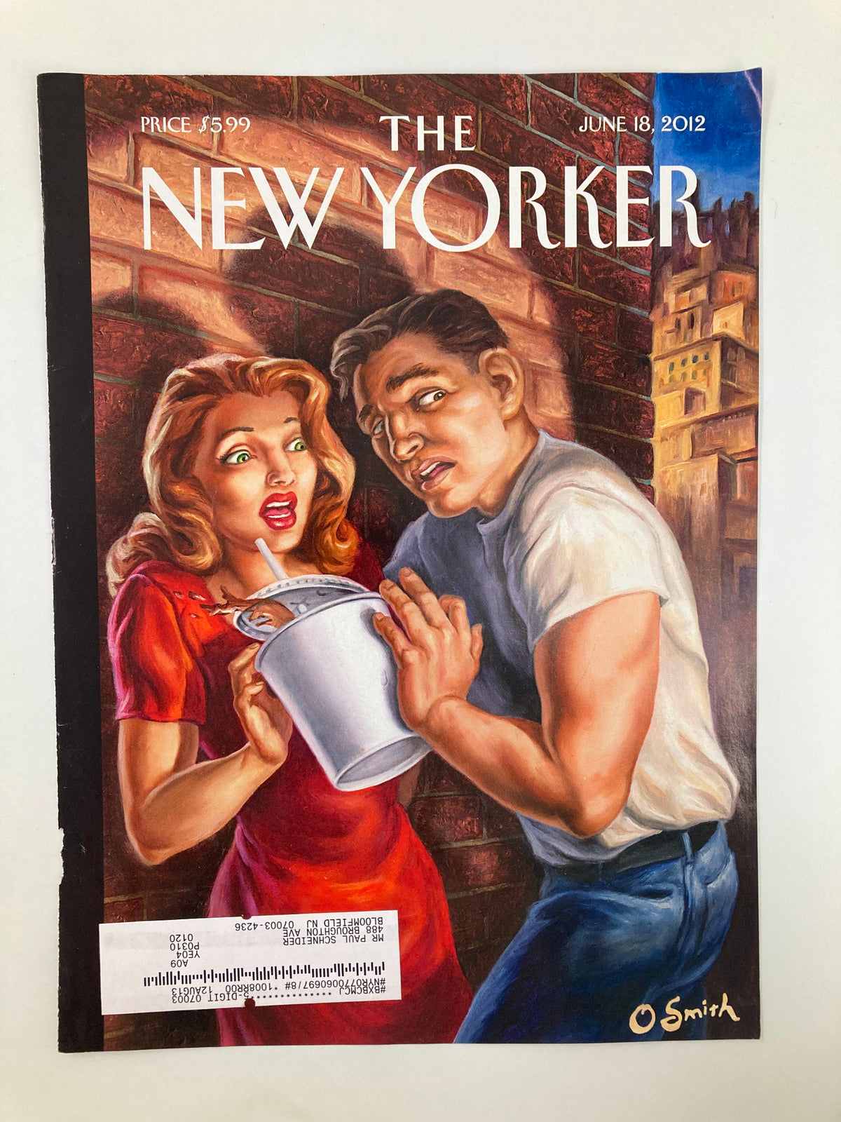 COVER ONLY The New Yorker June 18 2012 Theme Cover Soda Noir by Owen Smith showcasing a vibrant artwork of a startled couple, with the woman in red and the man in a blue shirt, holding a bucket in an urban setting.