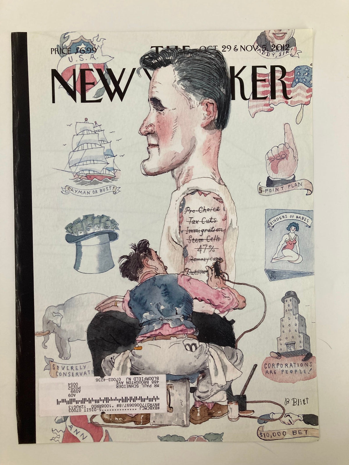 The New Yorker cover dated October 29, 2012, showcasing 'The Point Plan' by Barry Blitt, illustrating a humorous commentary on political issues with vivid imagery and artistic flair.