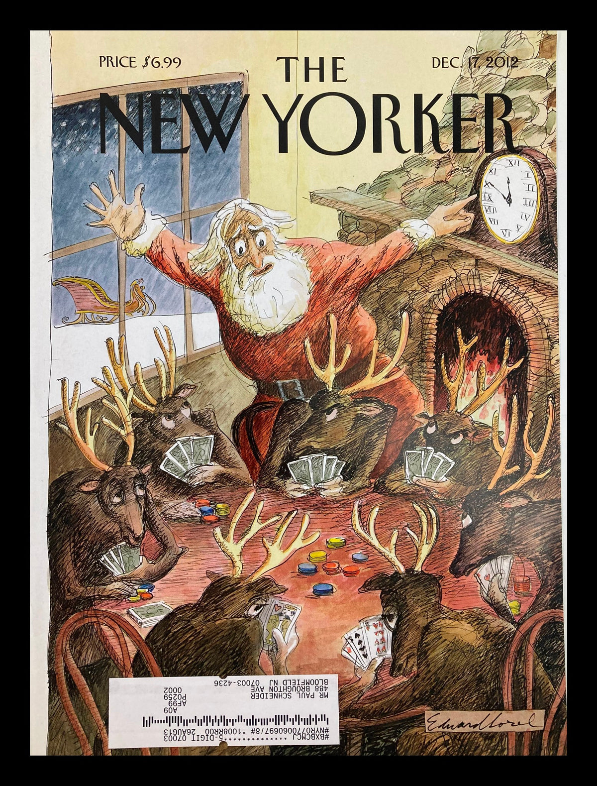 Cover of The New Yorker December 17 2012 titled 'When Duty Palls' by Edward Sorel, featuring a whimsical illustration of Santa Claus surrounded by reindeer in a festive scene.