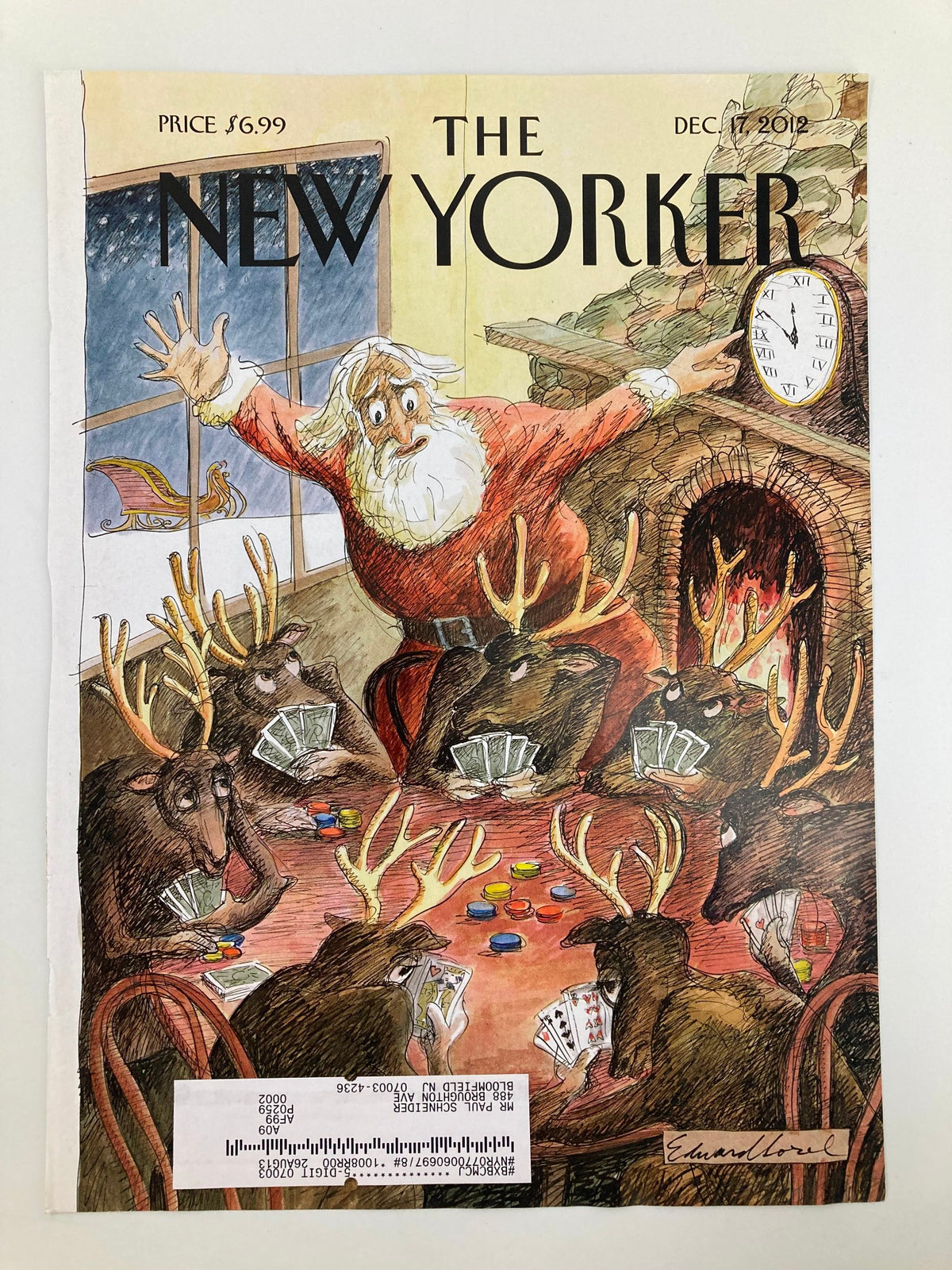 Cover of The New Yorker December 17 2012 titled 'When Duty Palls' by Edward Sorel, showcasing a colorful depiction of Santa Claus interacting with reindeer at a table with cards and holiday decorations.