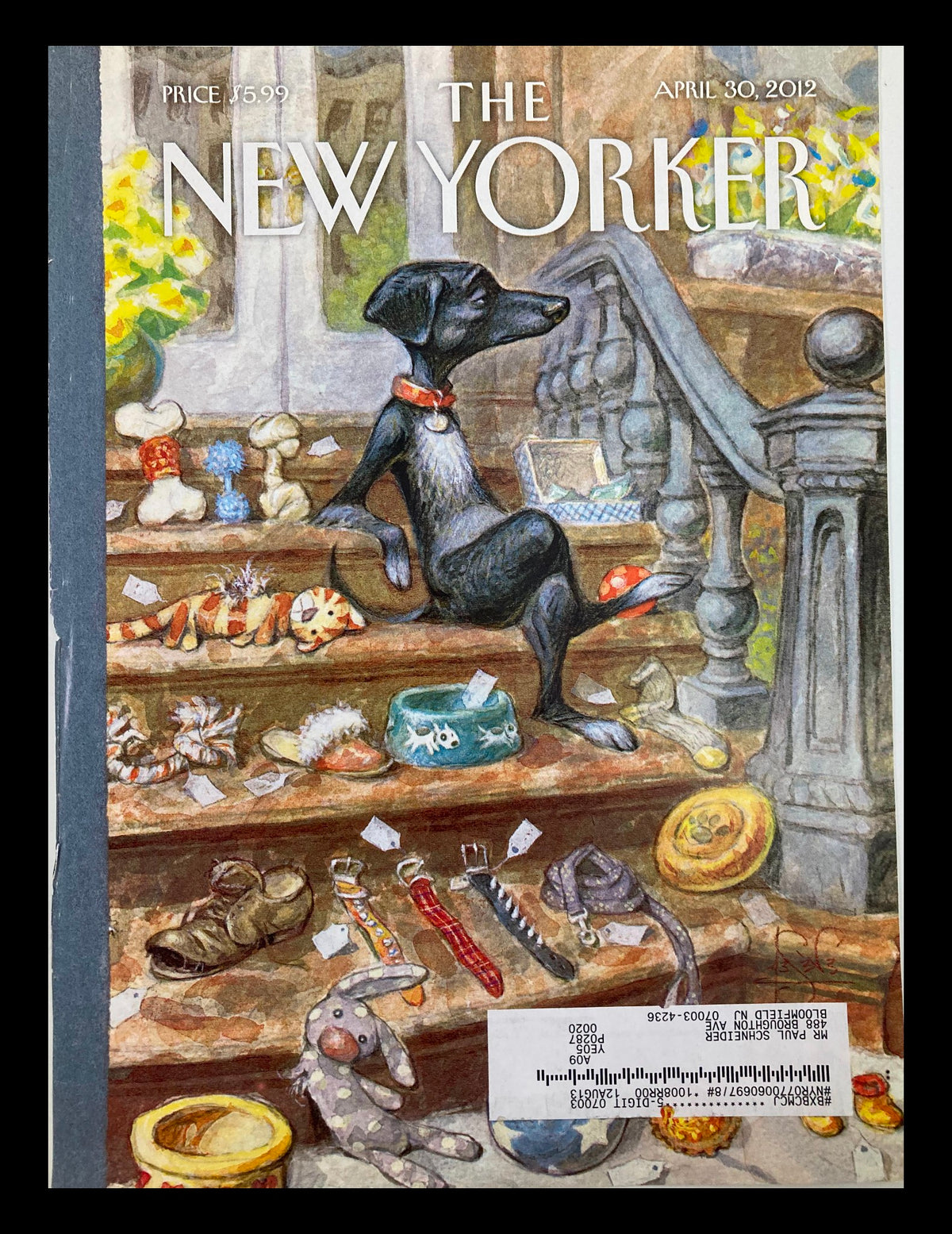 Cover of The New Yorker dated April 30, 2012, featuring a whimsical illustration by Peter de Seve of a dog sitting on steps surrounded by various items for a Dog Tag Sale.