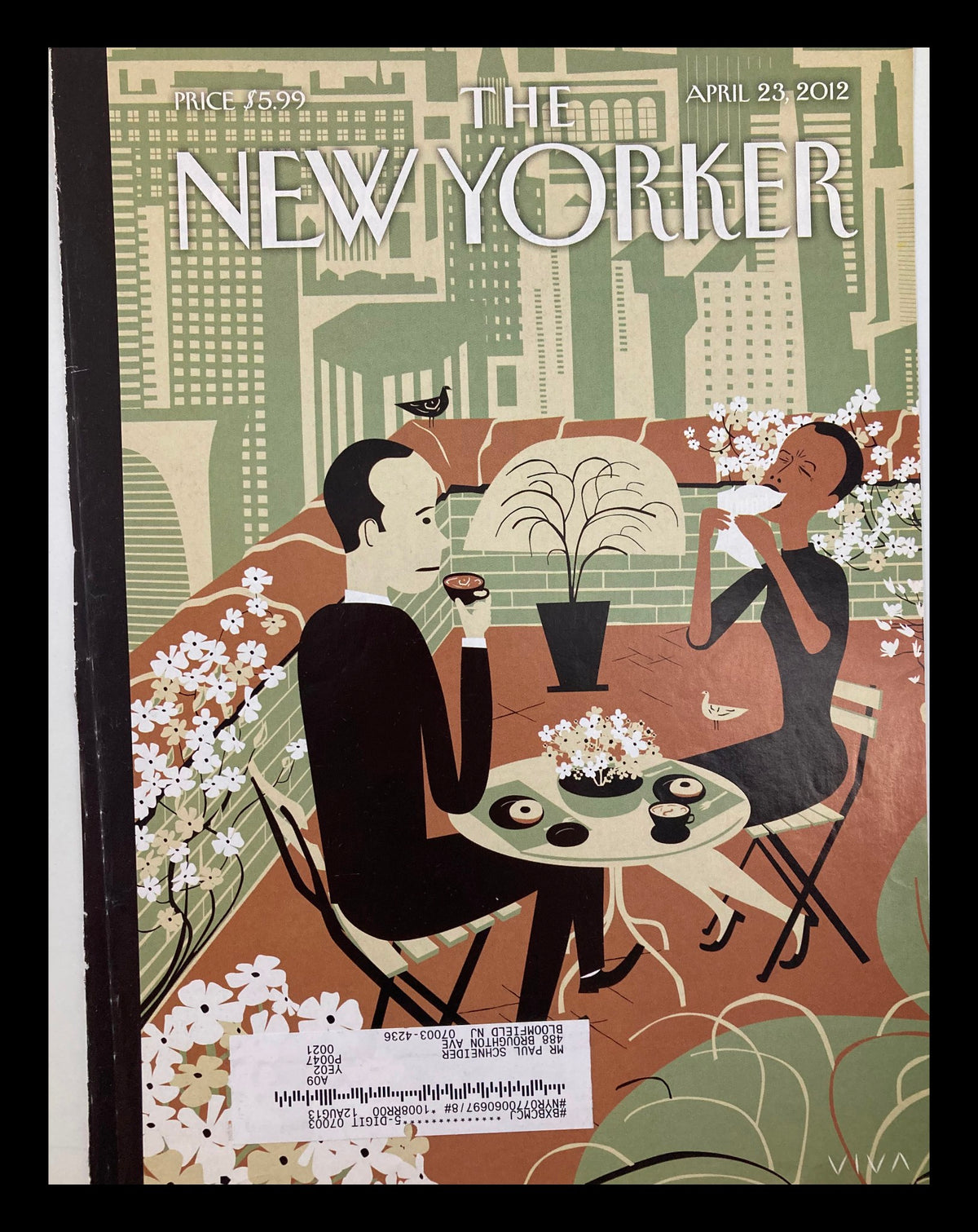 COVER ONLY The New Yorker April 23 2012 The Joys of Outdoors by Frank Viva, featuring a couple enjoying a meal outdoors in a vibrant garden setting.