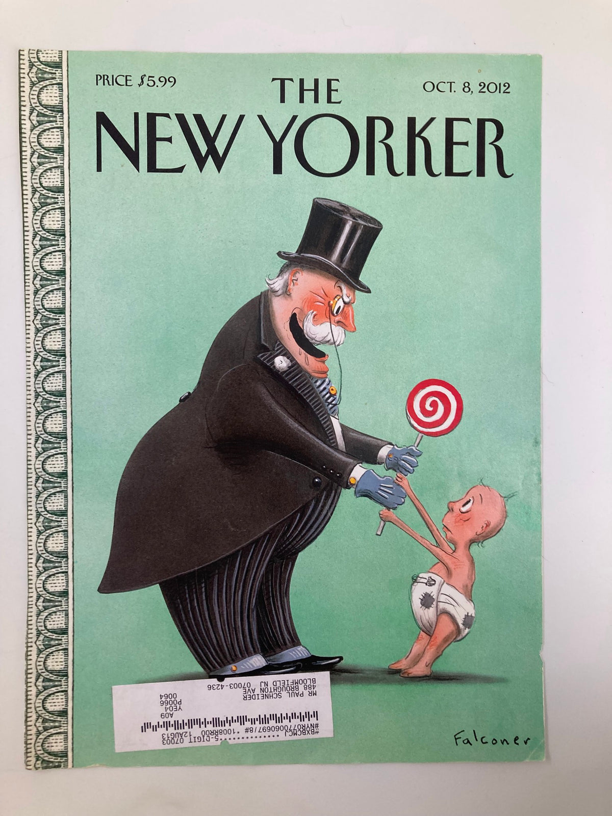 The New Yorker magazine cover from October 8, 2012, illustrating 'Out of the Mouth of Babes' by Falconer, displaying a whimsical scene of a suave man presenting a lollipop to a child.