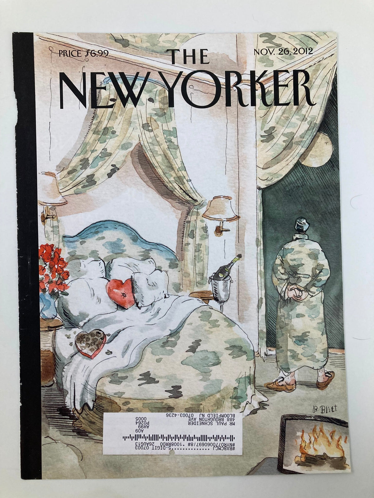 Cover of The New Yorker dated November 26, 2012, showcasing 'The Camouflage' by Barry Blitt, illustrating a humorous interaction in a bedroom adorned with camouflage elements.