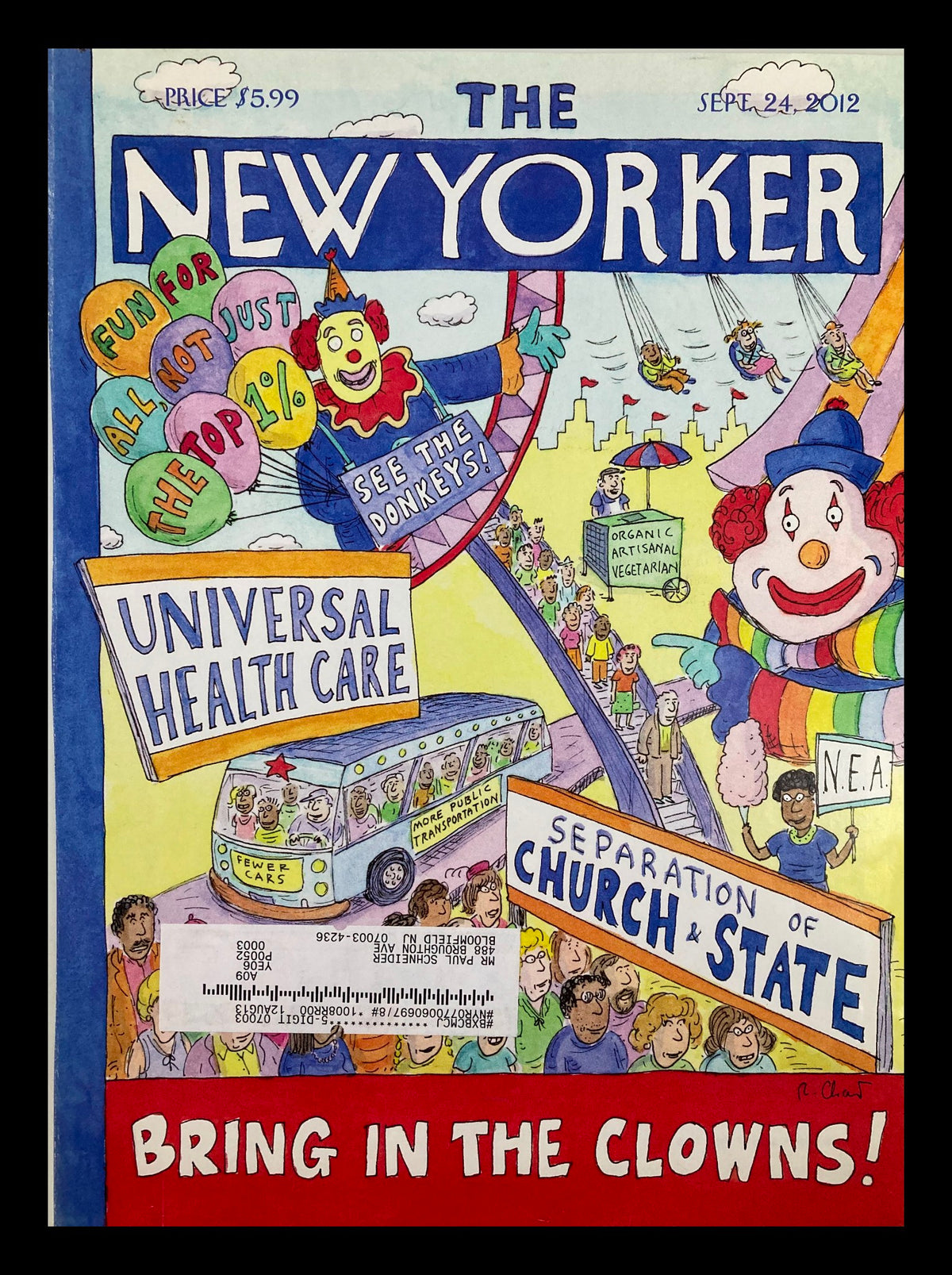 COVER ONLY The New Yorker September 24 2012, titled 'Bring in the Clowns' by Roz Chast, featuring vibrant artwork depicting clowns, humorous slogans, and a whimsical parade theme.
