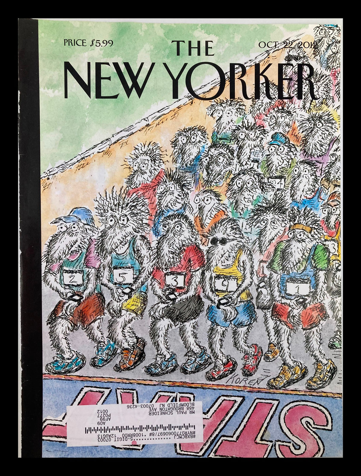 The New Yorker cover from October 22, 2012, featuring 'On Your Mark' illustration by Edward Koren, depicting a whimsical lineup of characters in racing attire.
