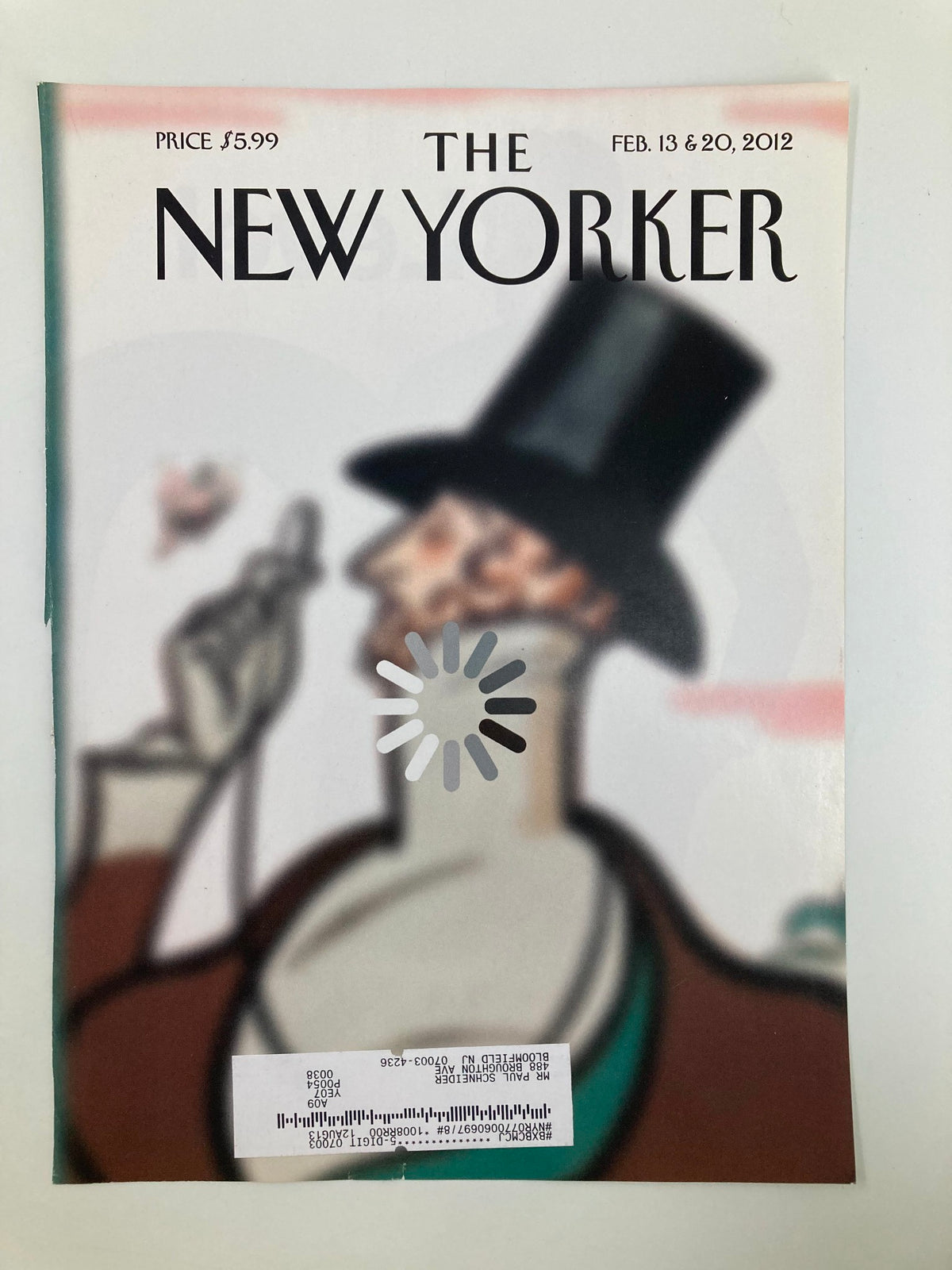 The New Yorker February 13 & 20, 2012 cover titled 'Loading' by Rea Irvin, showcasing a stylized man in a top hat with a loading symbol.
