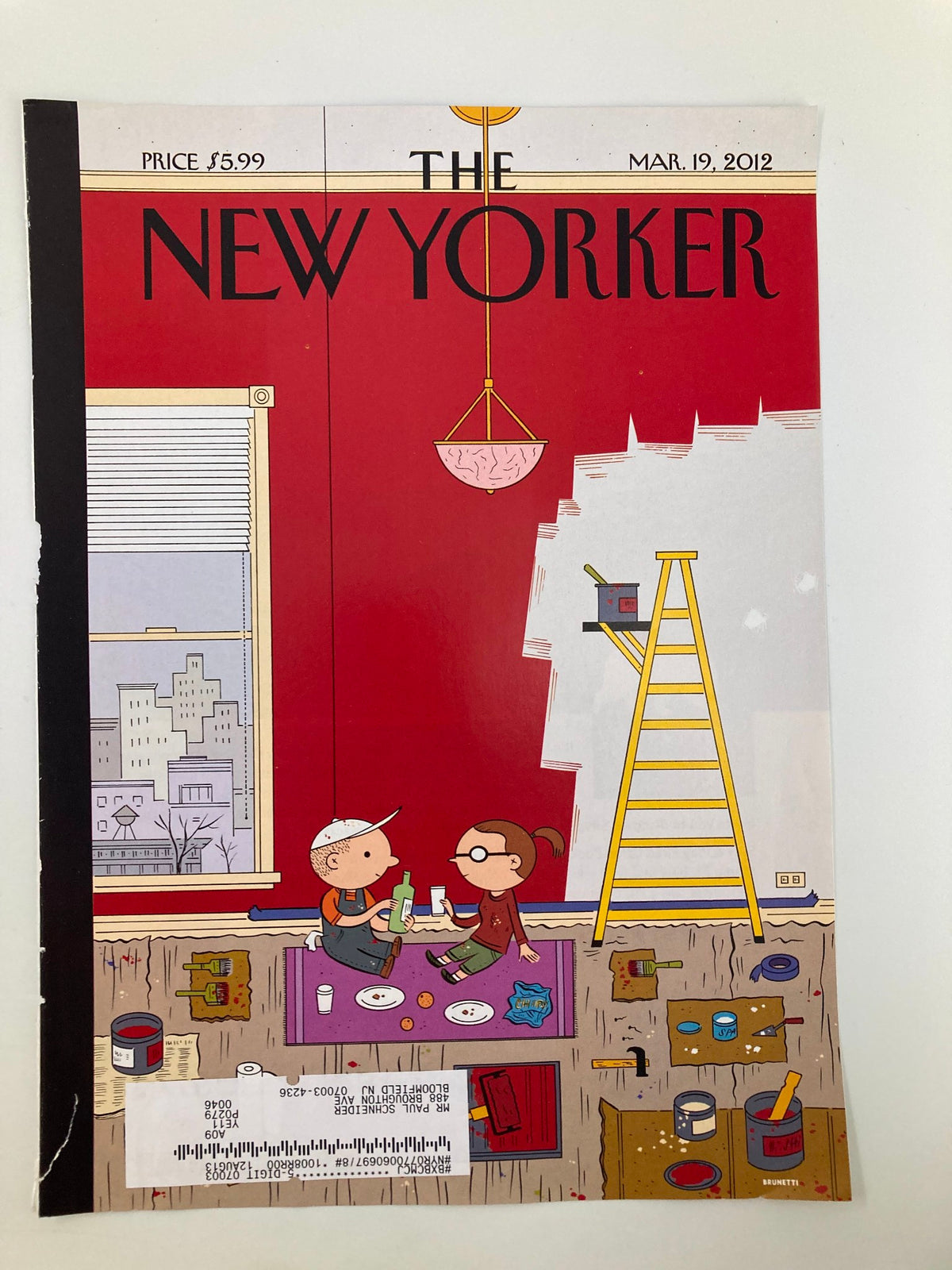Cover illustration of The New Yorker March 19 2012, named 'Theme Cover Warmth' by Ivan Brunetti, depicting two children in a room with a red background and tools around.