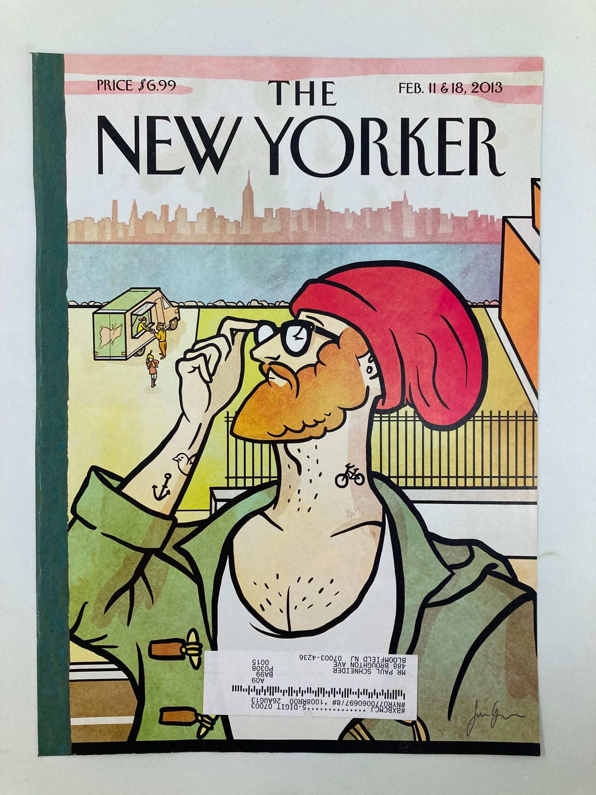 Cover of The New Yorker February 11 & 18 2013 depicting 'Brooklyn's Eustace' by S. Greiner, displaying a colorful illustration of a man with glasses and a beard, representing the essence of Brooklyn.