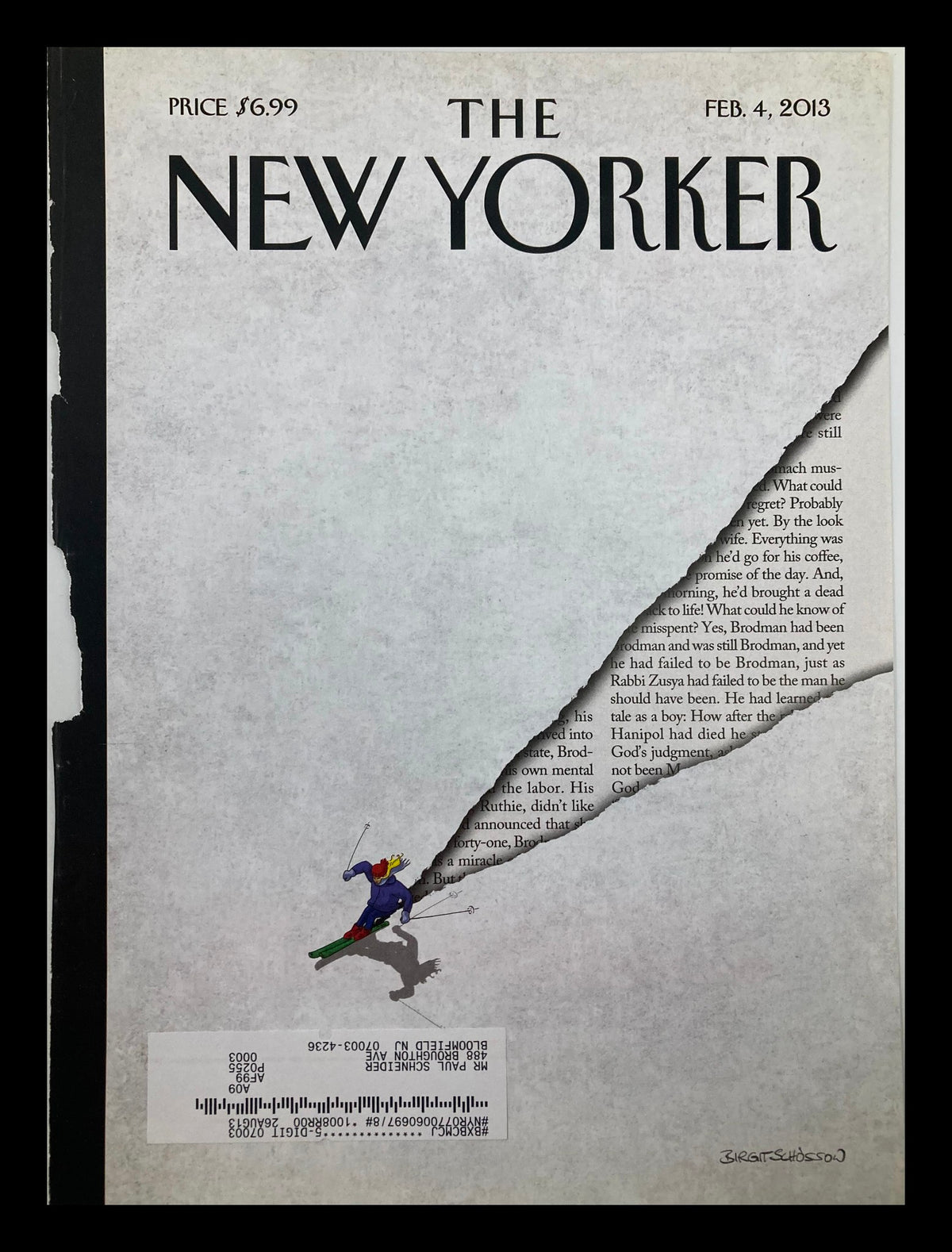 Cover of The New Yorker from February 4, 2013, titled 'First Tracks' by Birgit Schossow, featuring a skier and vibrant artwork, ideal for collectors and art enthusiasts.