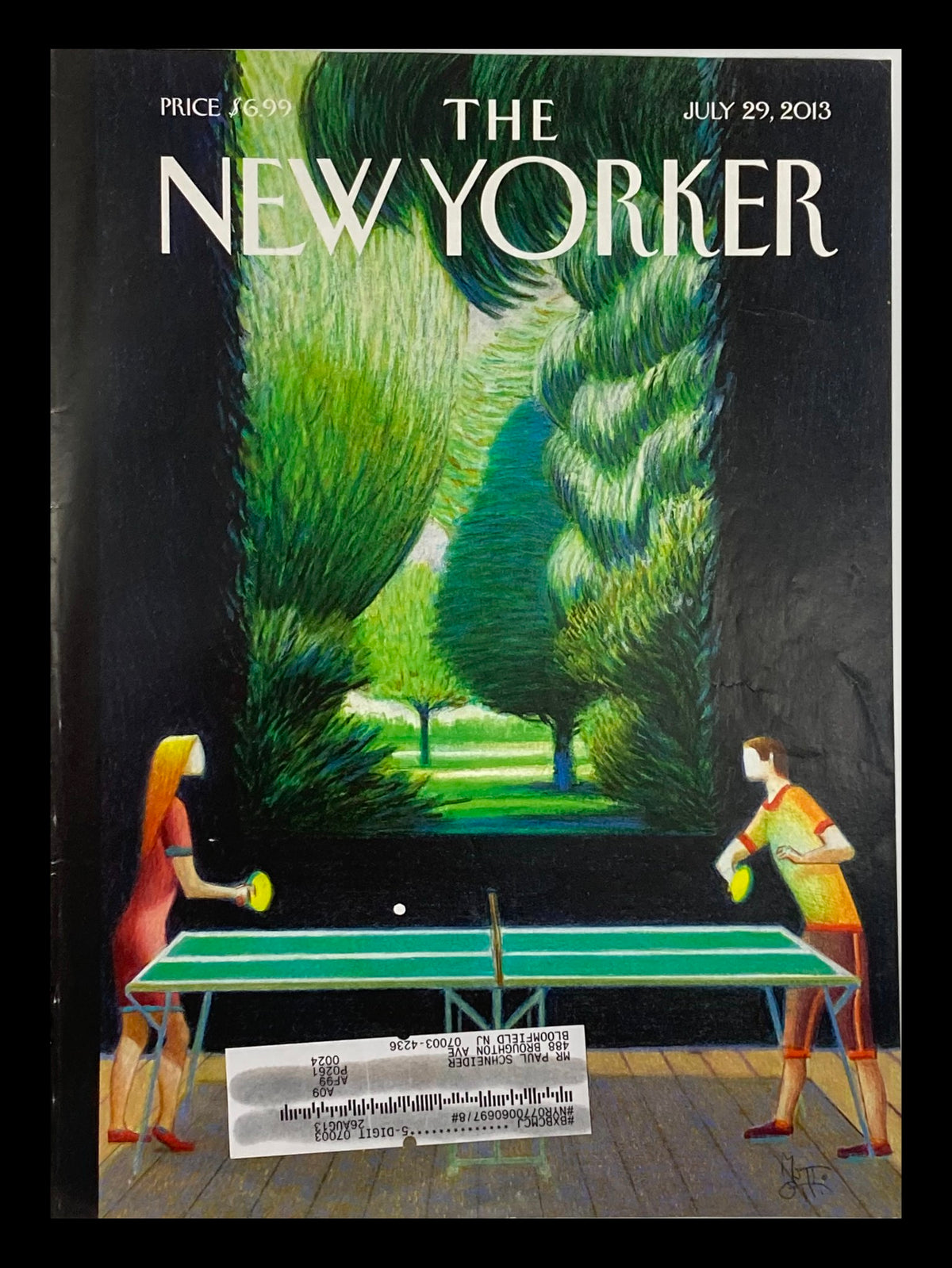 COVER ONLY The New Yorker July 29 2013 featuring an illustration titled "Inside, Outside" by Lorenzo Mattotti, showcasing two figures playing ping pong in a lush, green garden setting.