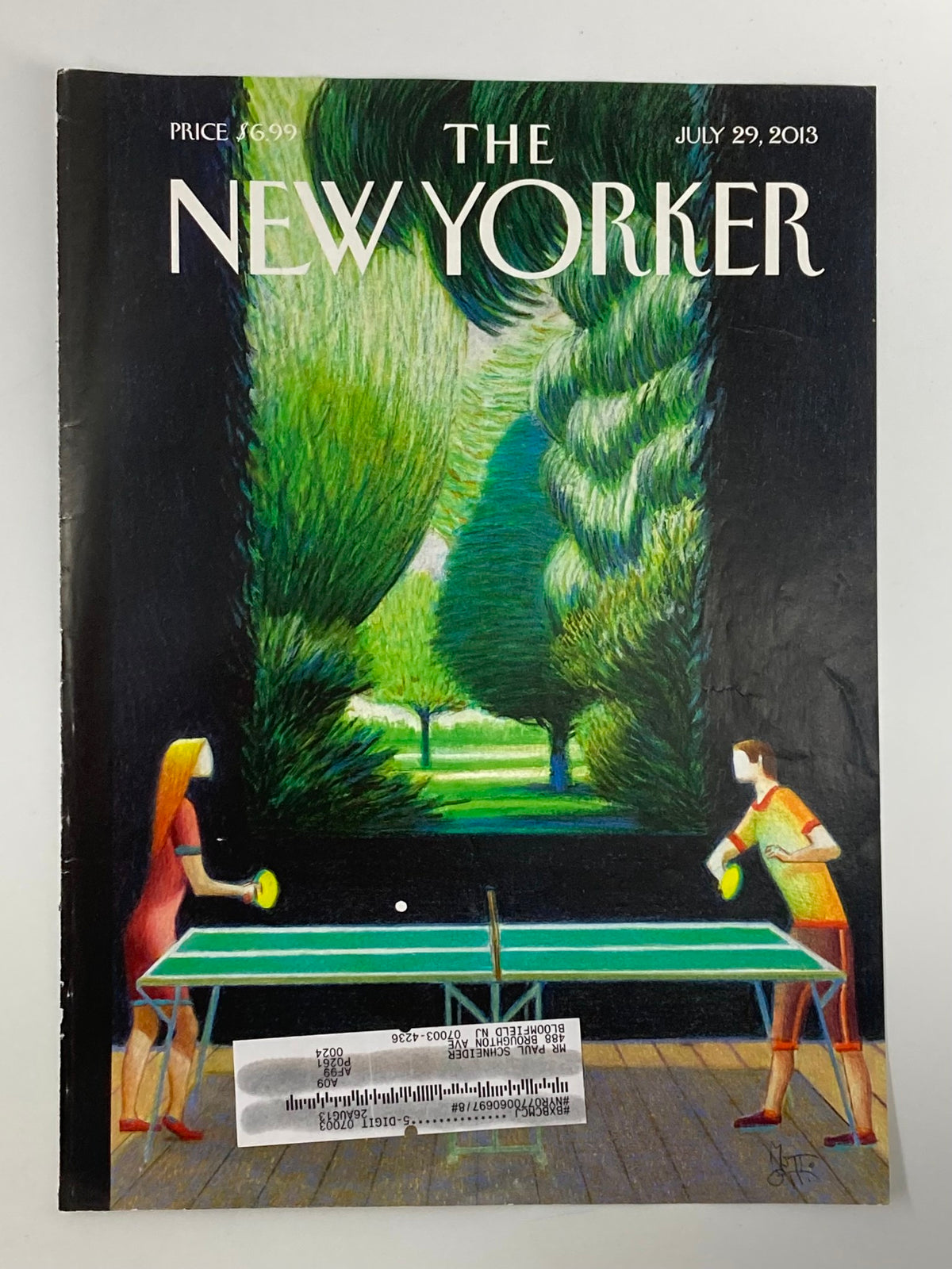 COVER ONLY The New Yorker July 29 2013, depicting a vibrant illustration by Lorenzo Mattotti, with two players engaged in a ping pong game surrounded by a picturesque garden.