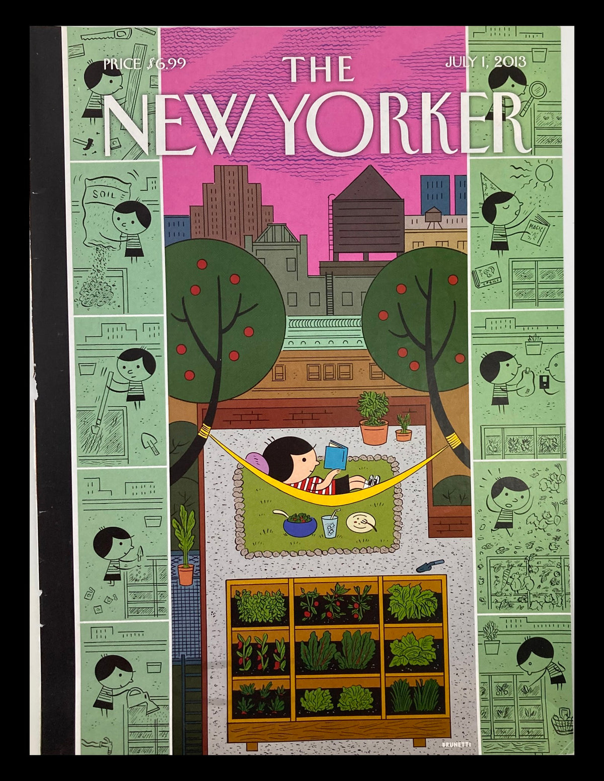 Cover of The New Yorker July 1 2013, titled 'Garden Reading' by Ivan Brunetti, featuring a girl lounging in a garden surrounded by books and plants.