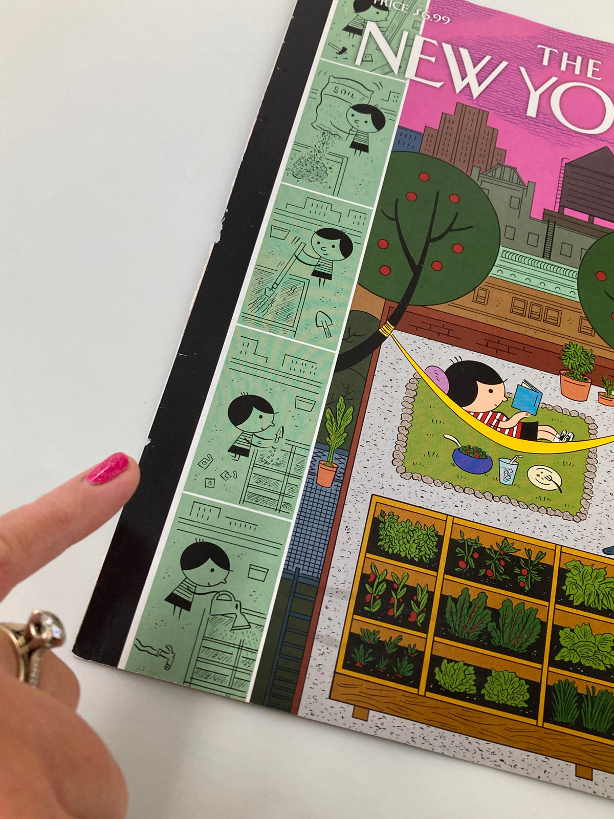 Detail of The New Yorker July 1 2013 cover, 'Garden Reading' by Ivan Brunetti, showcasing a playful illustration with a girl enjoying a book in a garden setting.