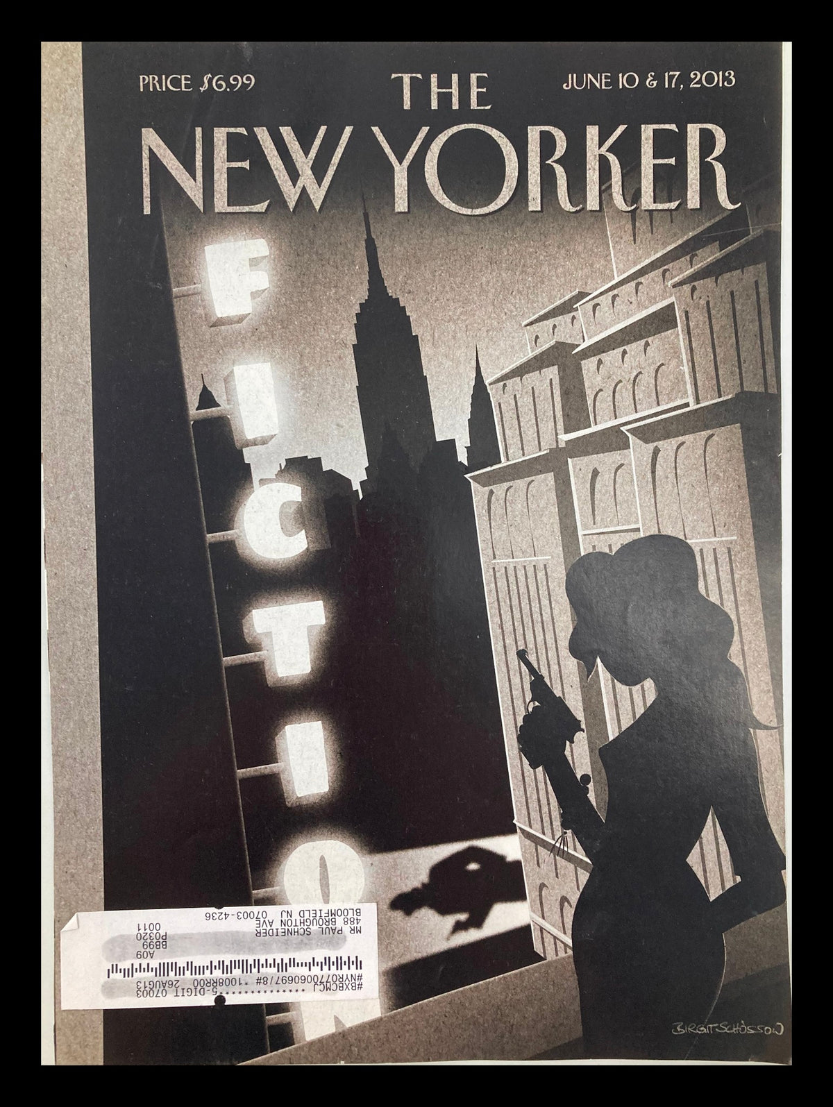 Cover of The New Yorker magazine from June 10 & 17, 2013, designed by Birgit Schossow, featuring a noir-style illustration with a silhouetted woman holding a gun, iconic city skyline in the background, and 'Fiction' in glowing lettering.