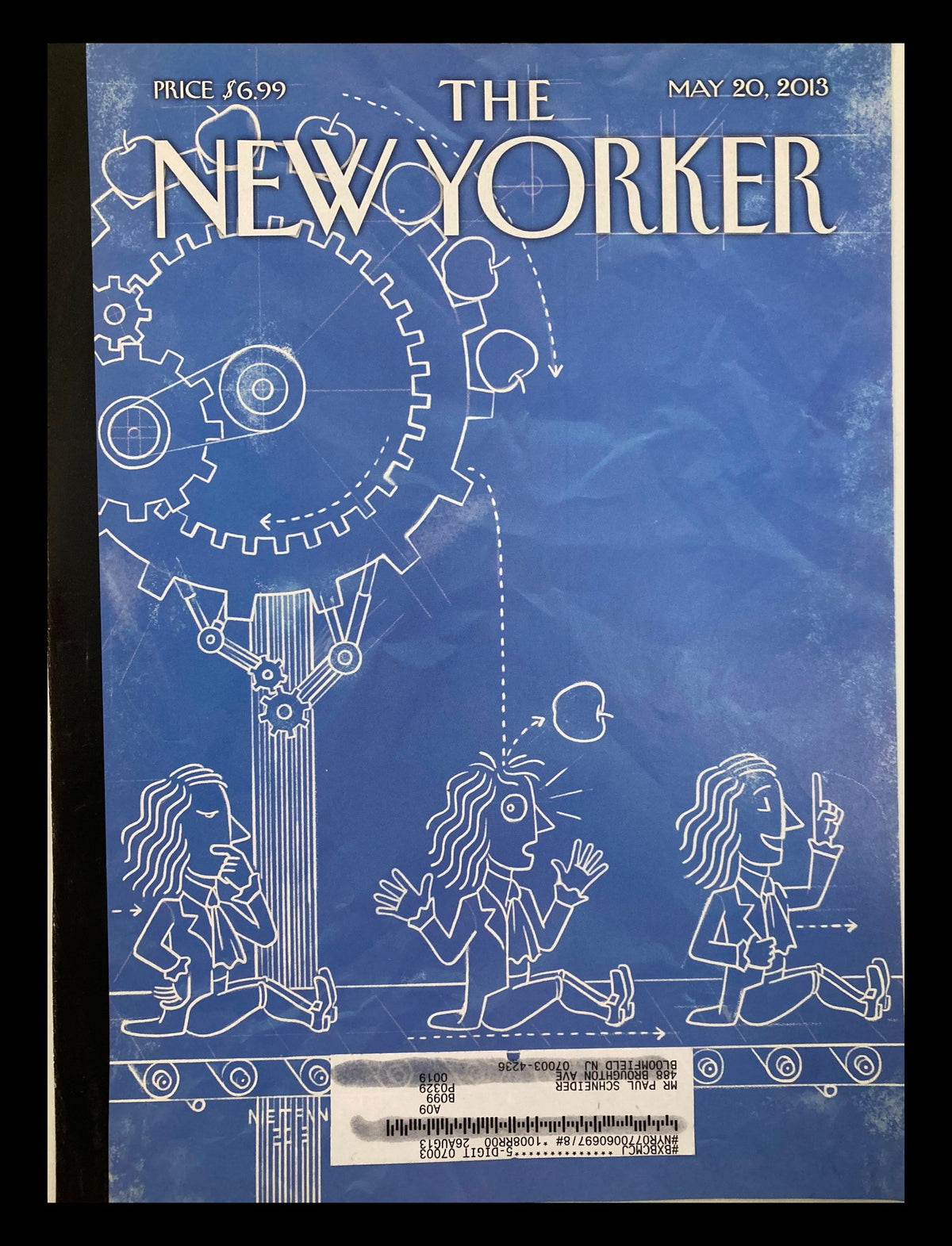 Cover only of The New Yorker May 20, 2013, titled 'Eureka' by Christoph Niemann, featuring whimsical illustrations and a blue background, perfect for art lovers and collectors.