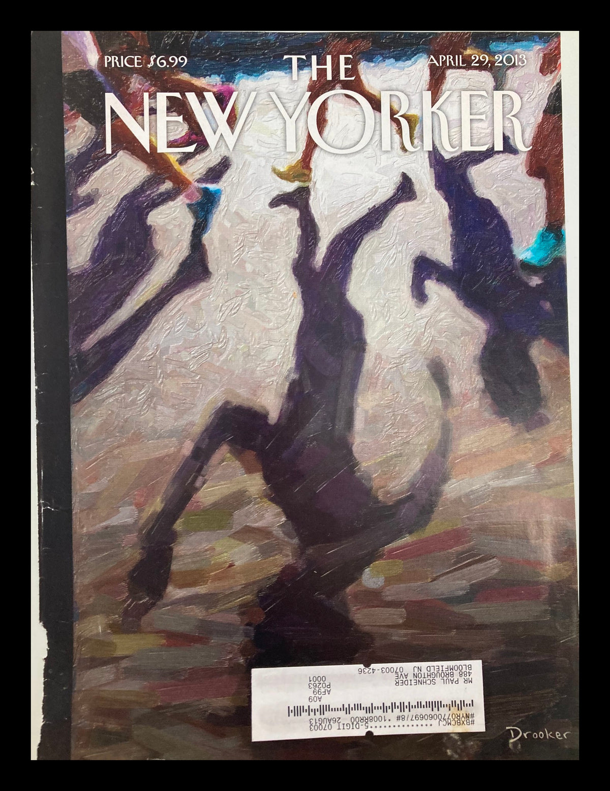 Cover of The New Yorker dated April 29, 2013, featuring the artwork 'Shadow Over Boston' by Eric Drooker, showcasing abstract figures in motion.