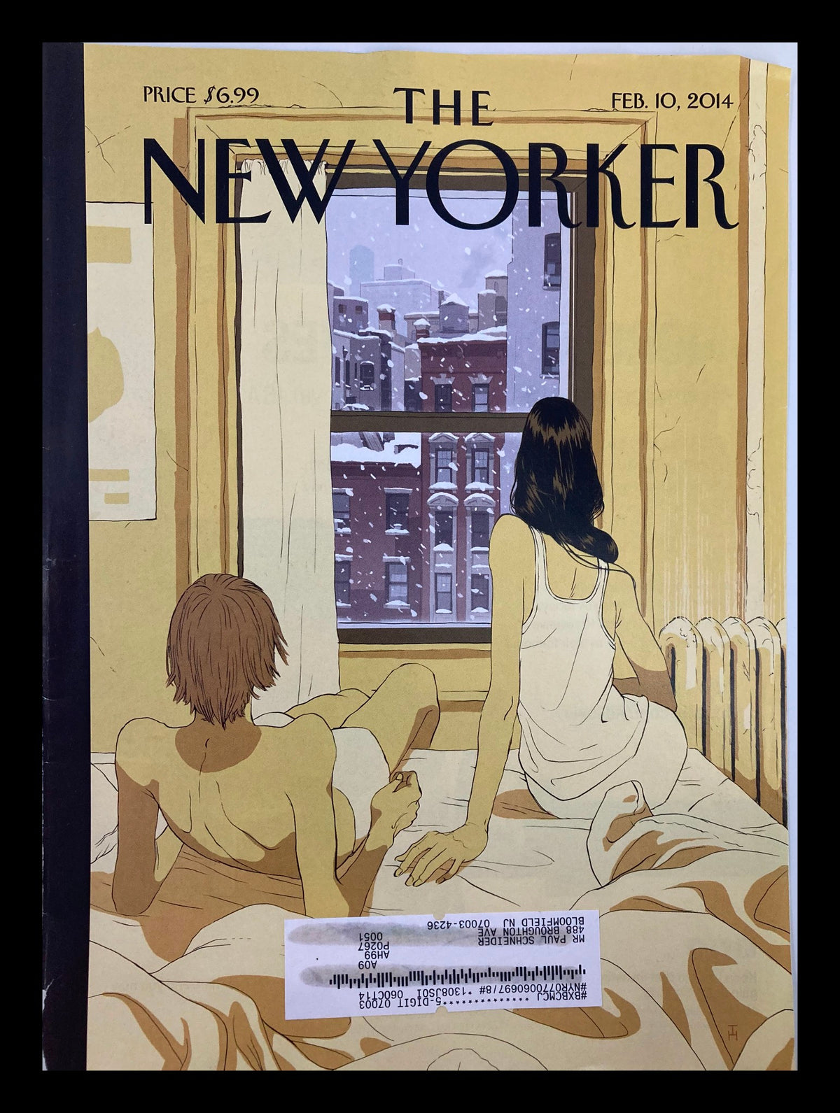 Cover of The New Yorker dated February 10, 2014, titled 'Perfect Storm' by Tomer Hanuka, depicting a couple watching snow from a window while lounging in bed.