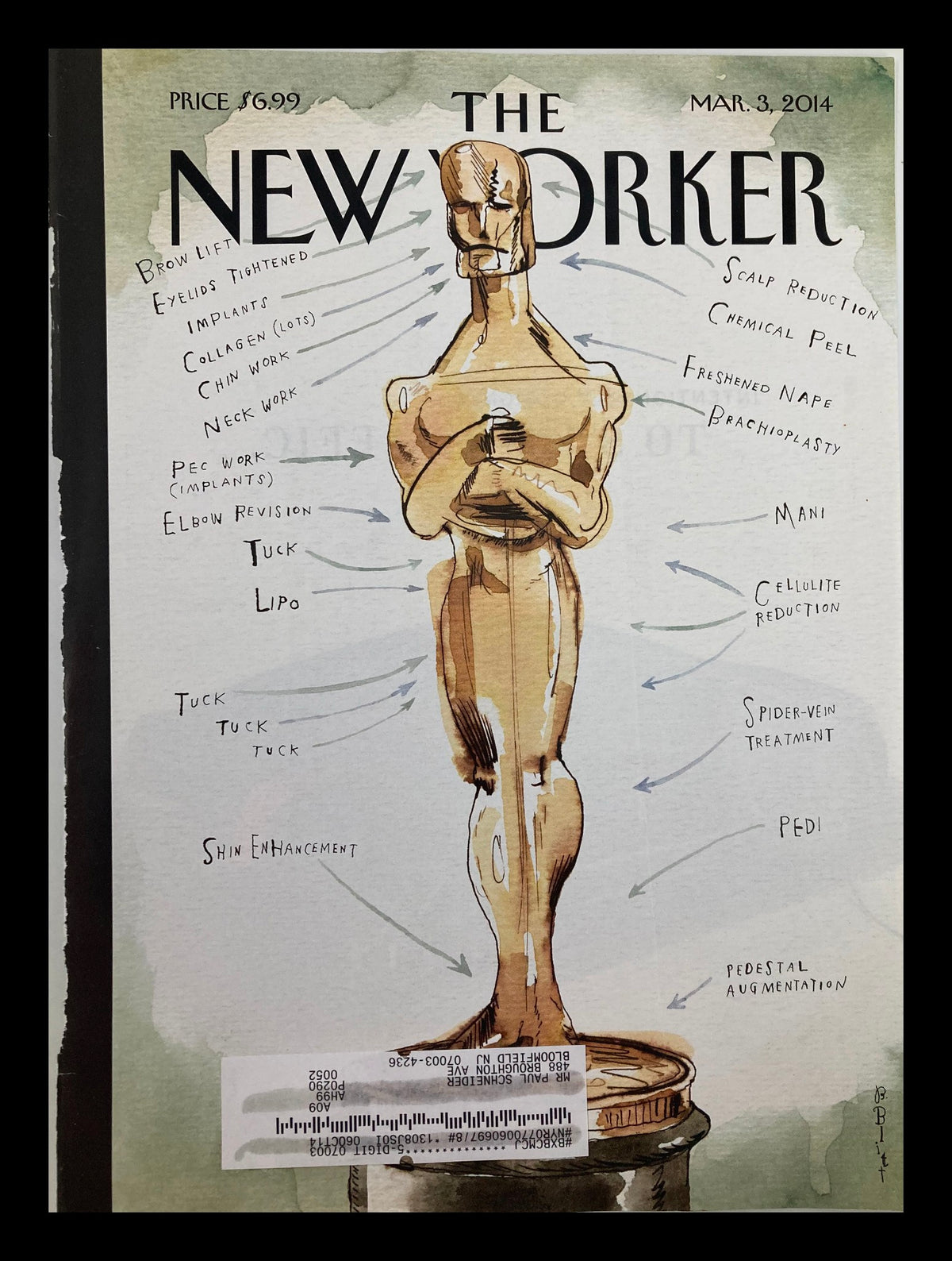 Cover of The New Yorker March 3, 2014, titled 'Ready for His Closeup' by Barry Blitt, featuring a humorous illustration of an Oscar statue with various beauty treatment labels, showcasing artistic commentary.