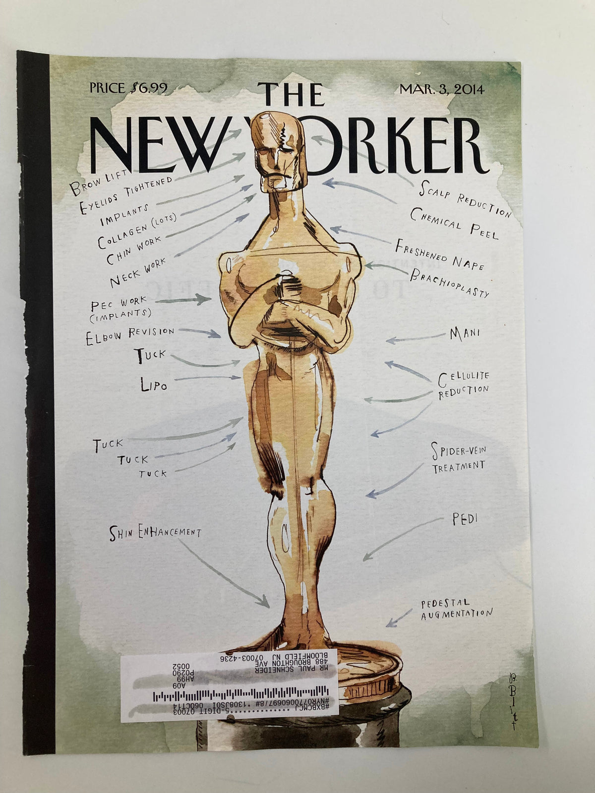 Detailed view of The New Yorker March 3, 2014 cover titled 'Ready for His Closeup' by Barry Blitt, illustrating an Oscar statue with labeled beauty enhancements, representing a playful cultural critique.