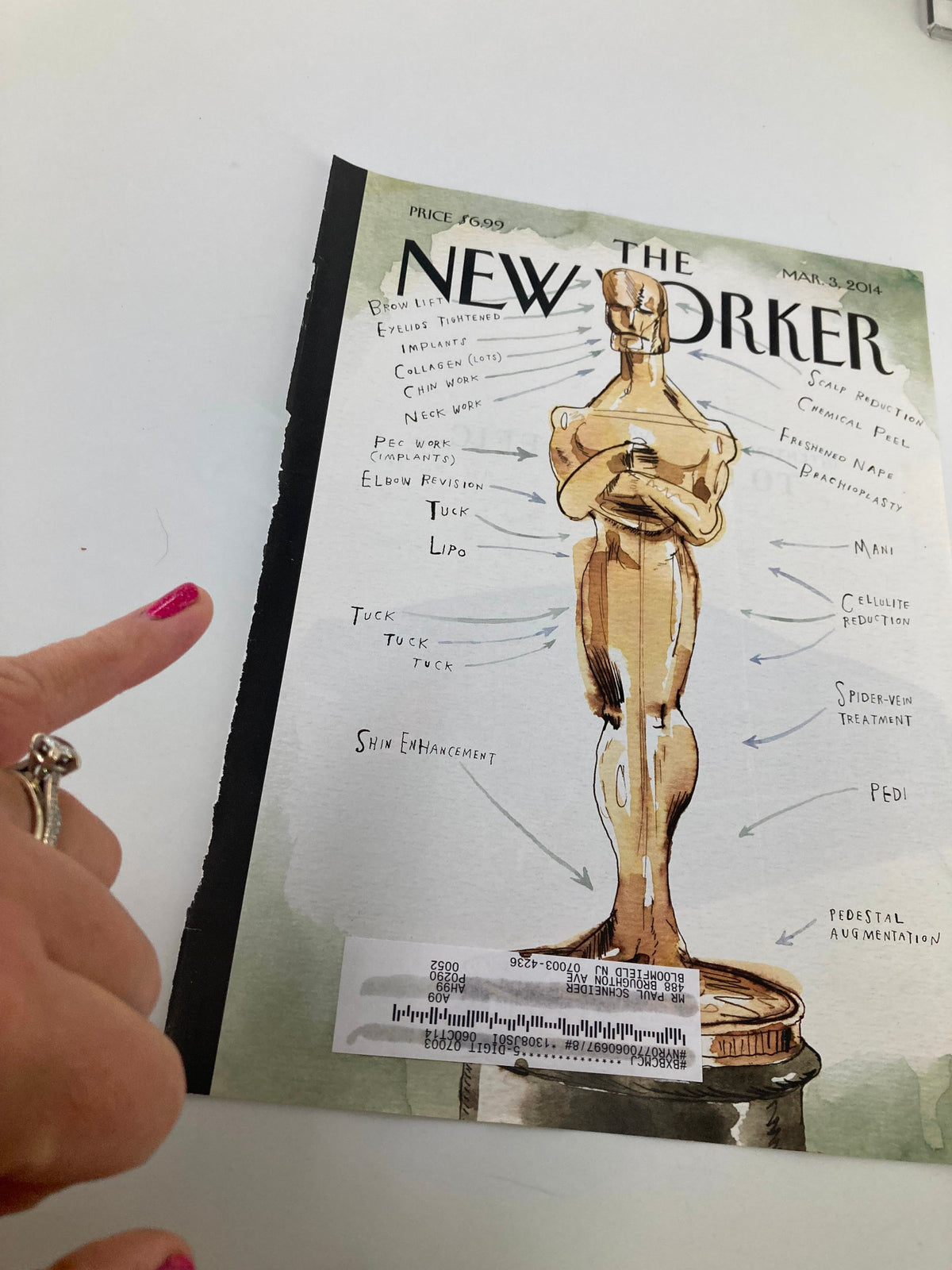 Image of The New Yorker cover from March 3, 2014, titled 'Ready for His Closeup' by Barry Blitt, depicting an Oscar statue annotated with humorously labeled cosmetic procedures, highlighting the cover's artistic value.