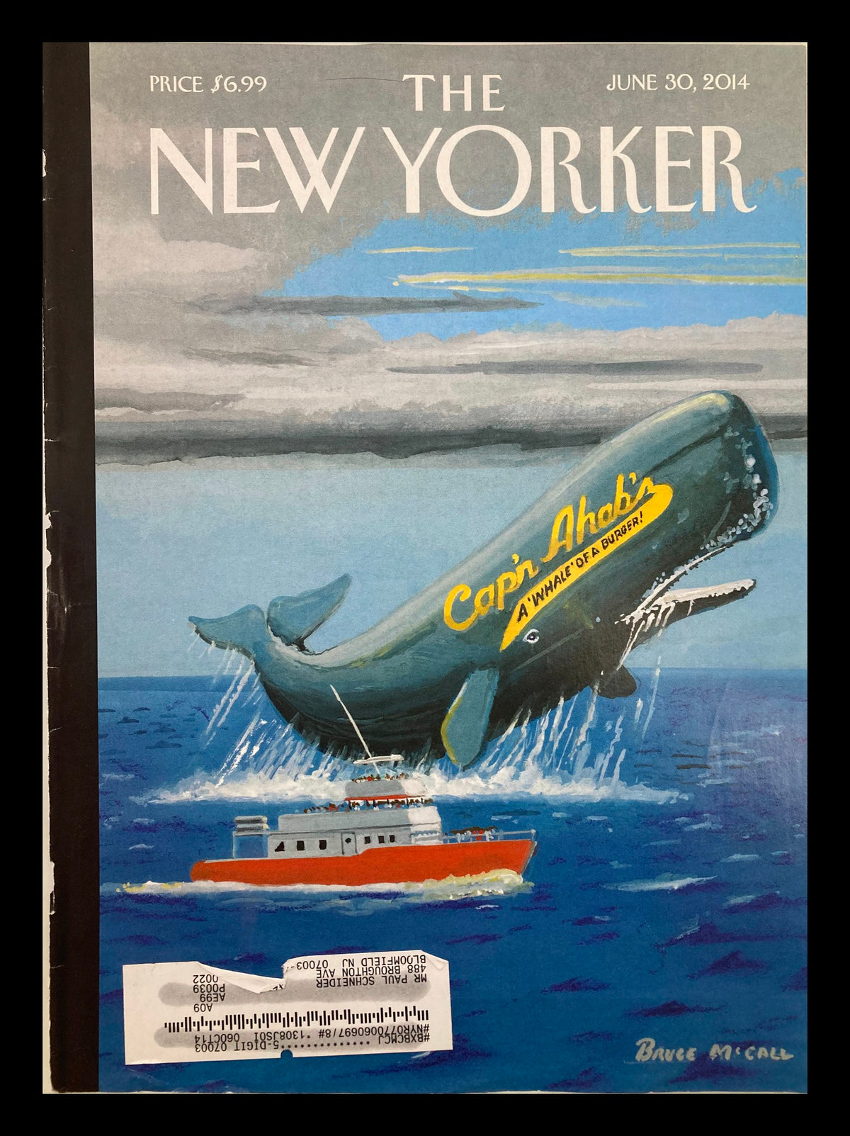 The New Yorker cover titled 'Cap'n Ahab's' by Bruce McCall, showcasing a whimsical illustration of a whale and a boat, dated June 30, 2014.