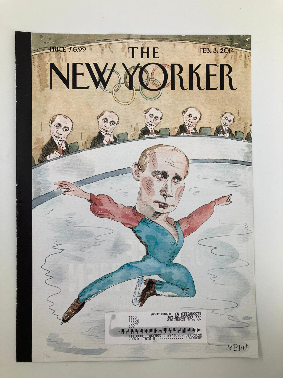 The New Yorker Cover featuring Vladimir Putin by Barry Blitt, showcasing a caricature of Putin on ice skates amid a backdrop of onlooking judges, February 3, 2014.