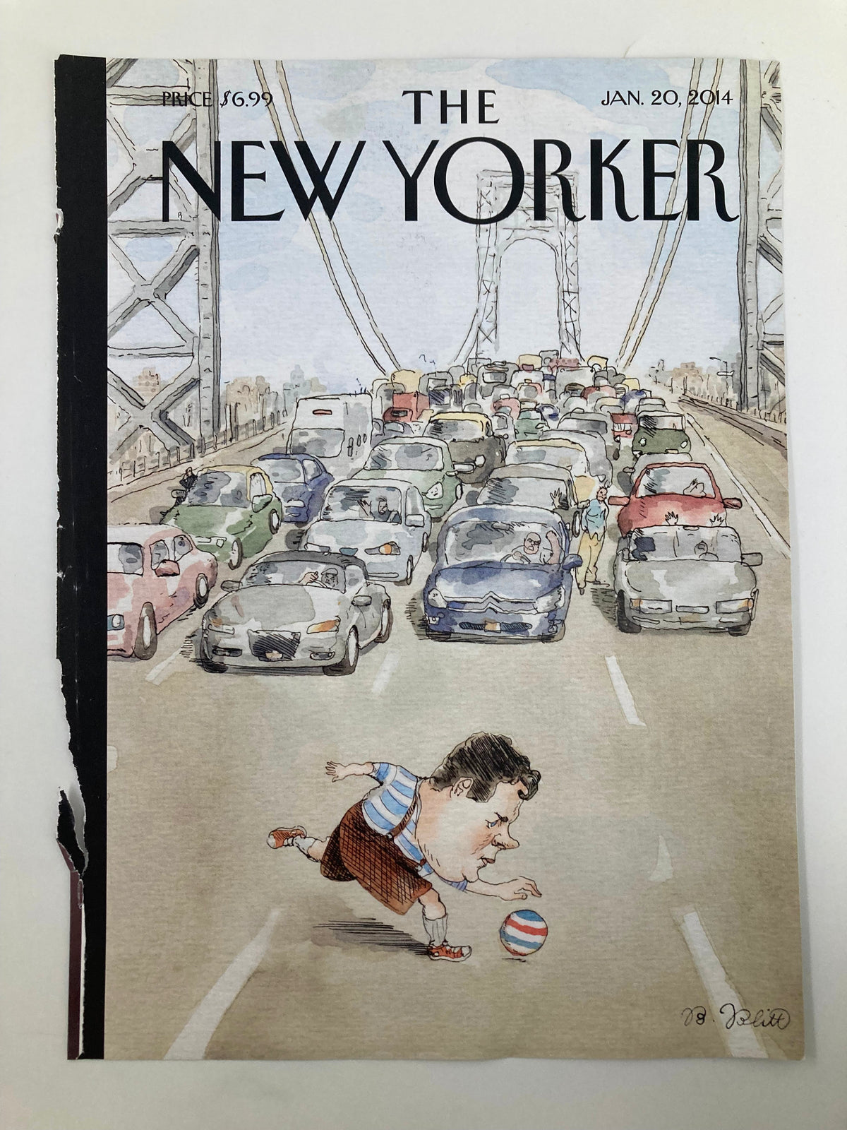 The New Yorker January 20, 2014 cover art by Barry Blitt featuring a humorous illustration of a boy chasing a soccer ball through traffic.