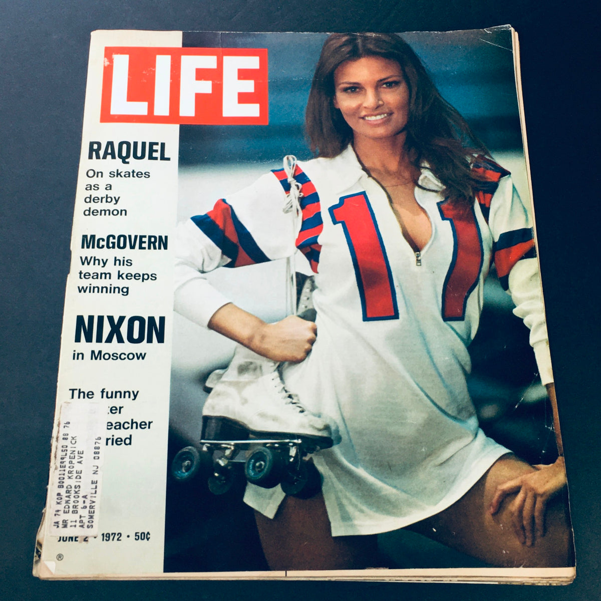 Cover of VTG Life Magazine June 2 1972 featuring Kansas City Bomber Roller Girl Raquel Welch in a roller skating outfit, highlighting sports and entertainment history.